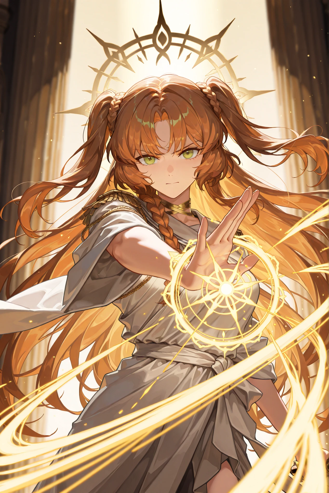 style of [arknights|(748cmstyle:0.88)], god rays, vivid colours, light stream, colour splotches, cinematic shot, mature, young adult, masterpiece, best quality, amazing quality, very aesthetic, high resolution, ultra-detailed, absurdres, (hands:-0.15),
(1girl, young adult, female:0.95), solo, alone,(dynamic pose, upper body focus, looking at viewer, dutch angle, three quarter view, close up, cowboy shot:1.2), (sonetto, defKat:0.23), green eyes, long hair, orange hair, holding long knives, shortswords, gladiatrix, two side up, very long hair, braid, royal uniform, officer, (toga:1.5) brown hair, long hair, ishmael_(project_moon), dark sun, standing on a dark golden pillar, landing, wrapped, (interdimensional magic, cthulu magic, eldritch magic:1.44), novuschroma79 style, glitch art photo
BREAK, depth of field, volumetric lighting
 