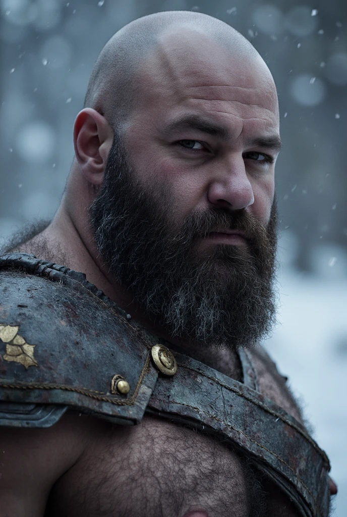 A brawny and bald-headed Viking Berserker, adorned in intricately crafted leather armor embellished with luxuriant fur accents. Two menacing skulls rest atop his powerful shoulders, symbolizing the echoes of battles past. Around his neck hangs a necklace adorned with razor-sharp teeth, each tooth a testament to the ferocity of the creatures conquered. Completing his formidable ensemble, he dons the visage of a brown bear as a hood, a primal trophy intertwining the warrior with the untamed spirit of the wilderness. Cartoon style
