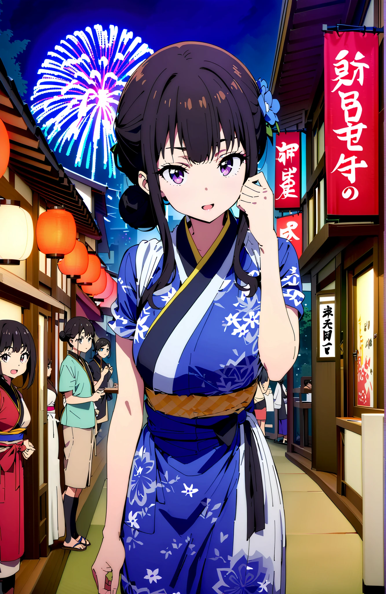 Takiuchikami, check it out, bungs, black hair with a young pattern, purple eyes,smile,cover,open your mouth,narrows her eyes,side lock,single bun hair,Medium breast,flower hair ornament,Blue flower pattern kimono,standing,Light up fireworks,Japanese stalls ,Red Lantern,night,full bodyがイラストに入るように,break outdoors, Japanese Festival,
break looking at viewer,full body,
break (masterpiece:1.2),Best Quality ,Kampala,unity 8k 壁紙,(shape:0.8),( fine and beautiful eyes :1.6),It's a person ,full body写真,CG Details , (perfect hand,complete anatomy),