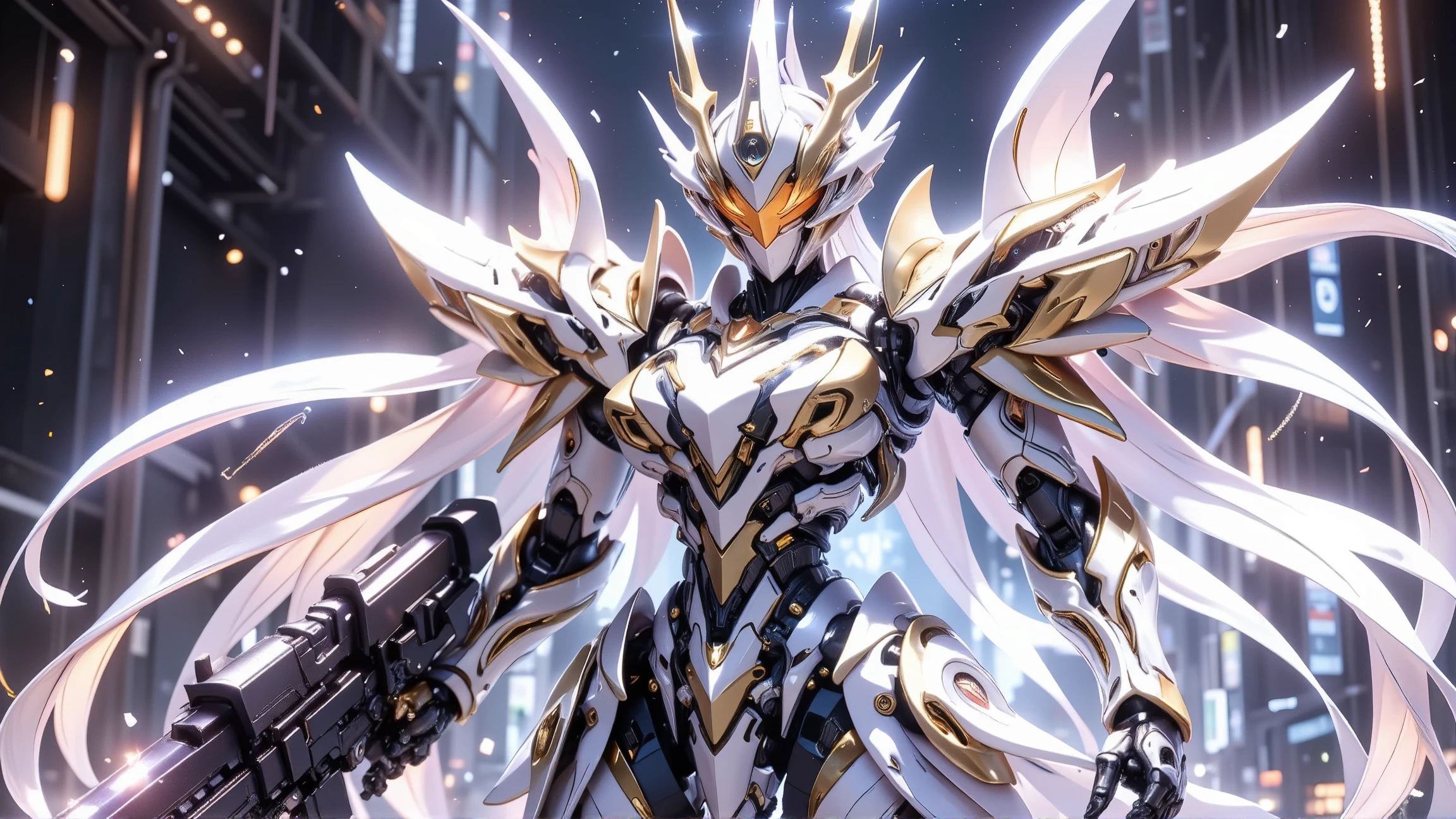 Female Robot, Fulmecha Body, Metallic orange mecha eye, rod antenna, Exquisite mechanical parts, Clear parts, Energy running through the body, heavy sci-fi long rifle, dynamic action, dynamic pose, blast, Sink, impact,