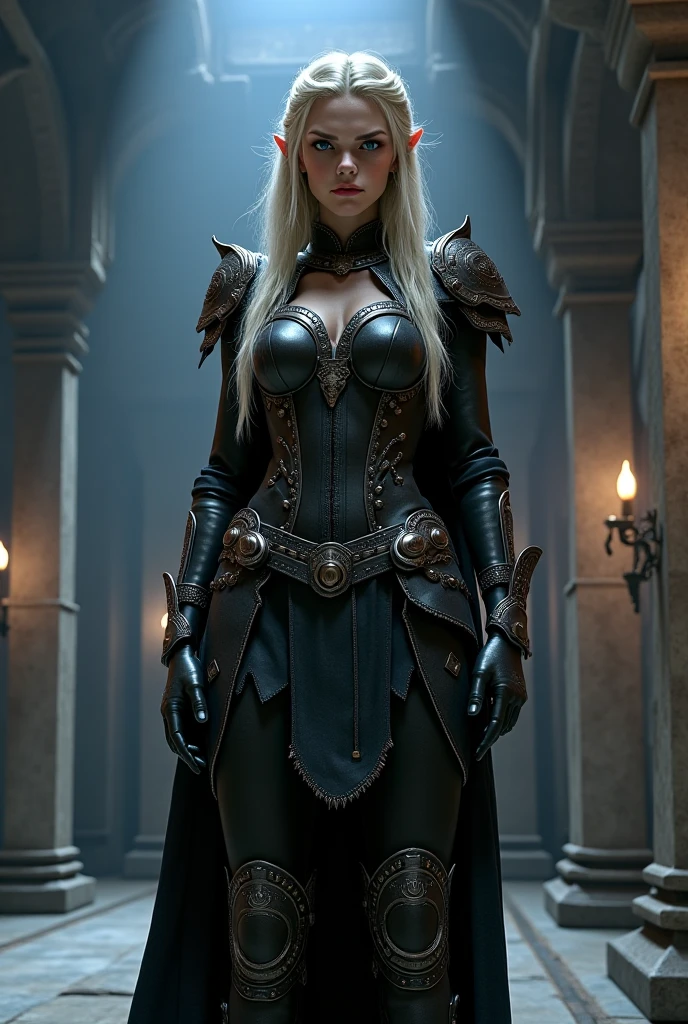Woman, White Hair, Full Armor, Dark Clothing, Dark Environment, Castle, Dark Fantasy, Yellow Lighting, Epic, 4k, High Resolution, Ambient Occlusion, Tall Woman, 250cm Tall, Big Breasts, Sexy, Pose, Concept Art