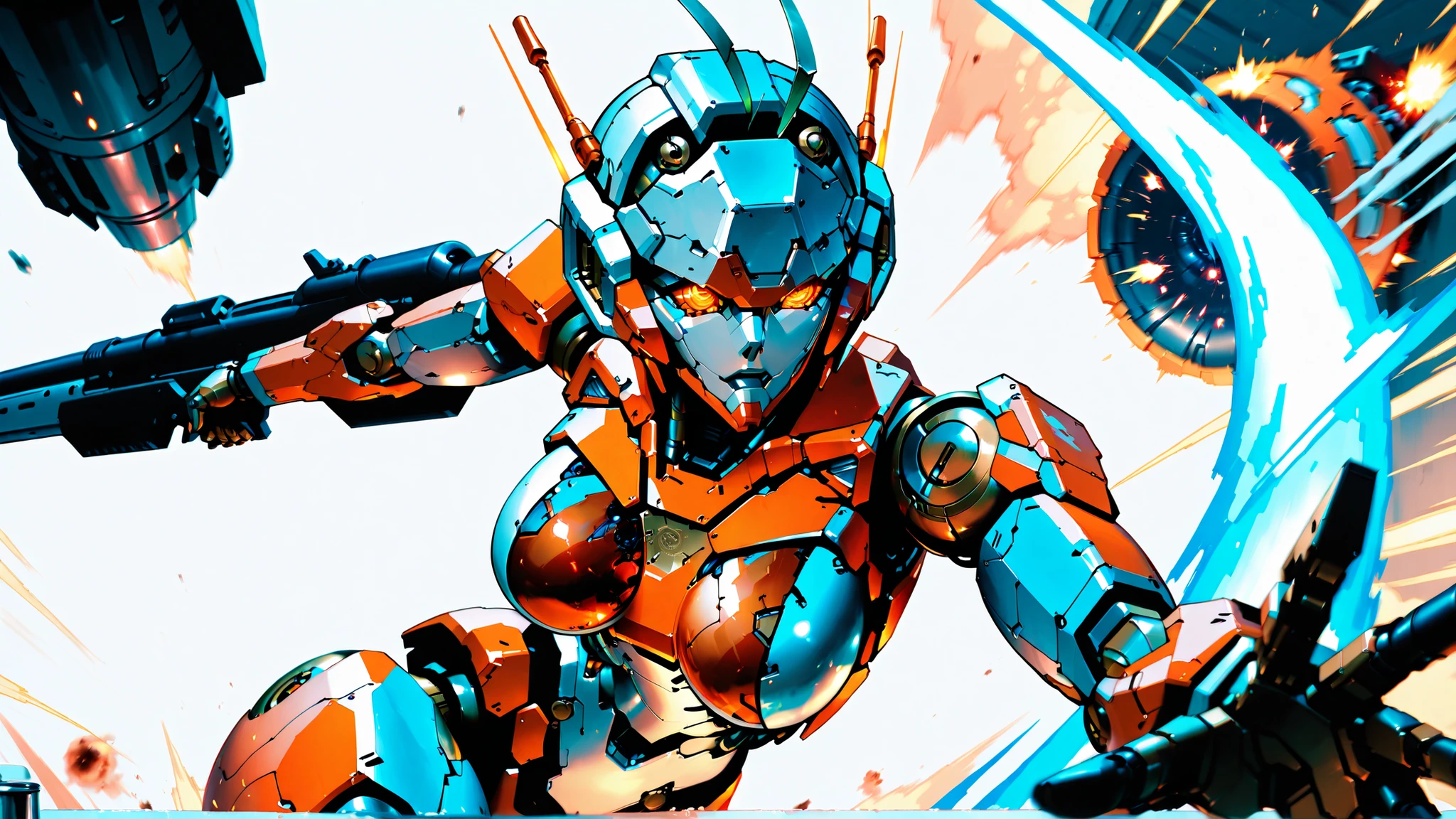 Female Robot, Fulmecha Body, Metallic orange mecha eye, rod antenna, Exquisite mechanical parts, Clear parts, Energy running through the body, heavy sci-fi long rifle,   dynamic action, dynamic pose,  blast,  Sink,  impact,