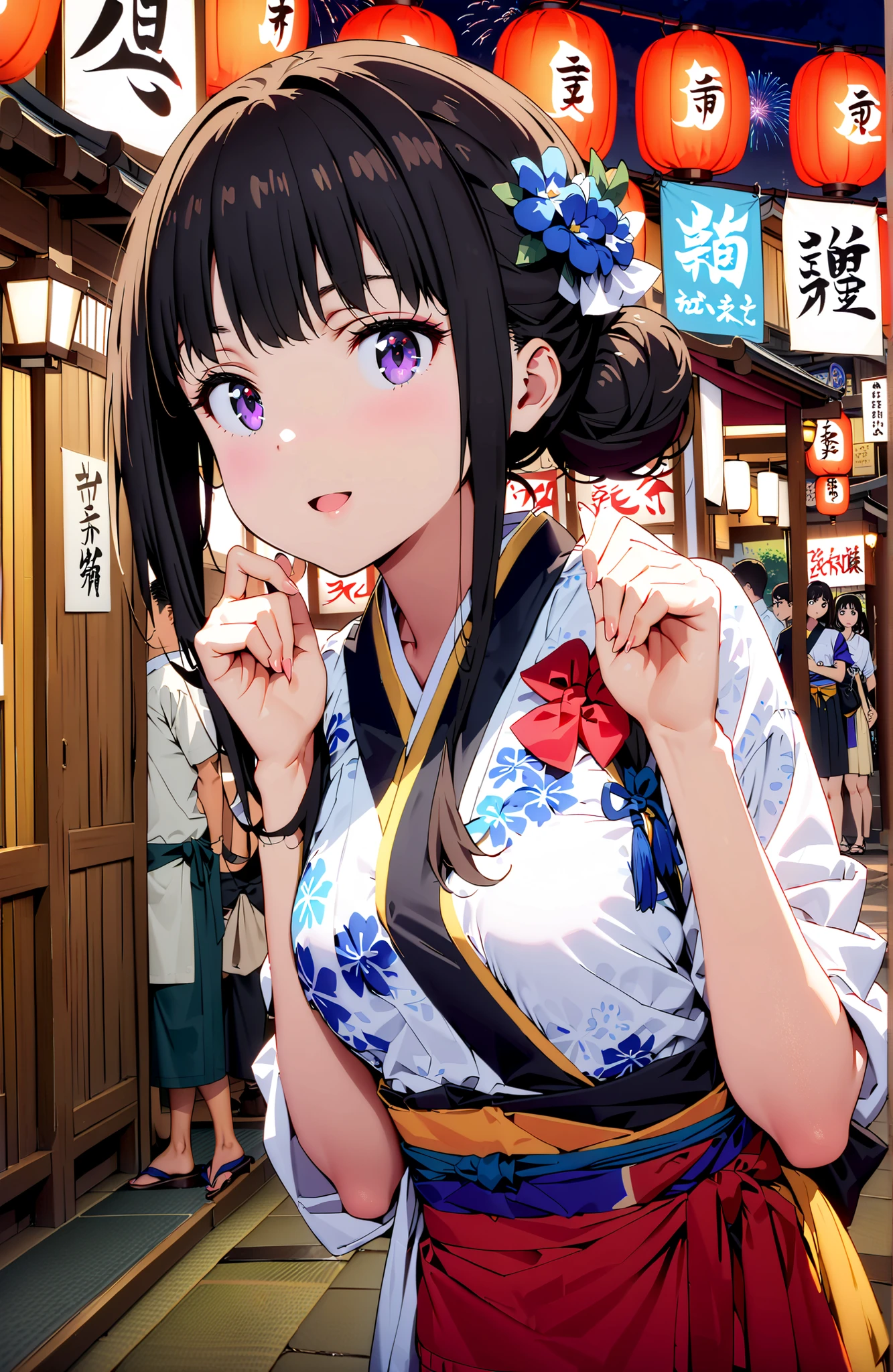 Takiuchikami, check it out, bungs, black hair with a young pattern, purple eyes,smile,cover,open your mouth,narrows her eyes,side lock,single bun hair,Medium breast,flower hair ornament,Blue flower pattern kimono,standing,Light up fireworks,Japanese stalls ,Red Lantern,night,full bodyがイラストに入るように,break outdoors, Japanese Festival,
break looking at viewer,full body,
break (masterpiece:1.2),Best Quality ,Kampala,unity 8k 壁紙,(shape:0.8),( fine and beautiful eyes :1.6),It's a person ,full body写真,CG Details , (perfect hand,complete anatomy),