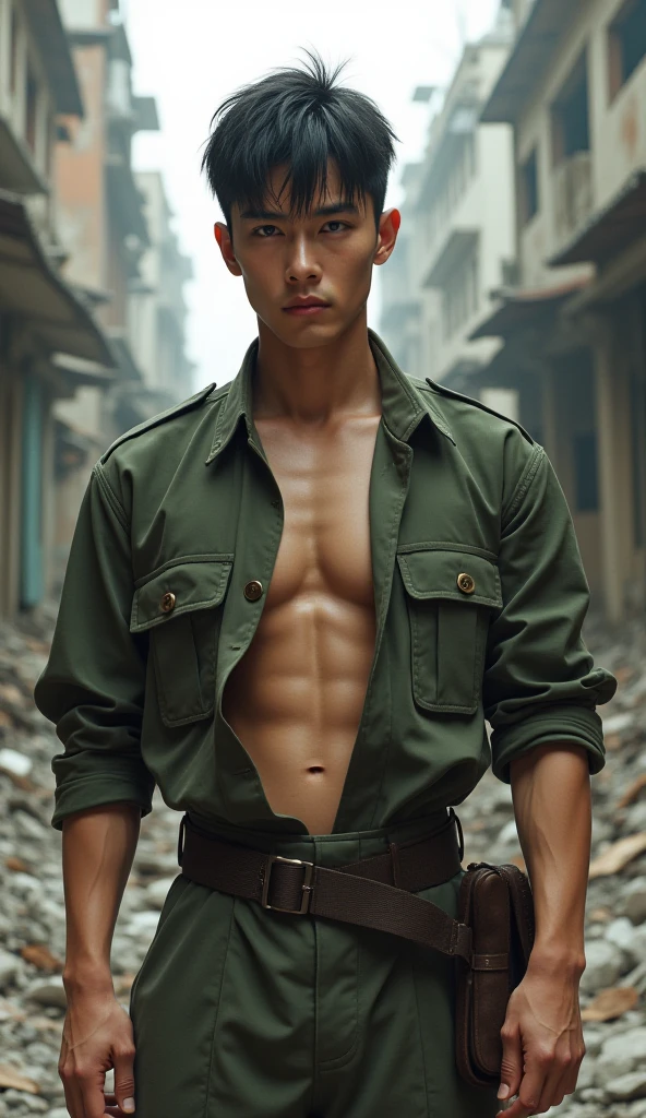 a rustic boy, 20 years old, military short hair, lightbrown eyes, male pose standing in a dark alley, mysterious lighting, Muscular Physique, looking at the camera, anger, jaket, a lot of blood