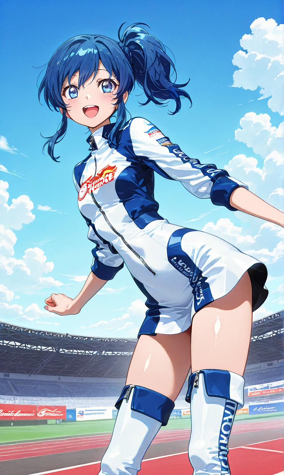 1 female,black hair,14 years old,(((Shiny race queen uniform with exposed navel)))(((blush、open mouth smile)),(((straight hair))),(((portrait))),crowd,,(wet with sweat)(leather thigh high boots)(((beautiful breasts)))((sit))