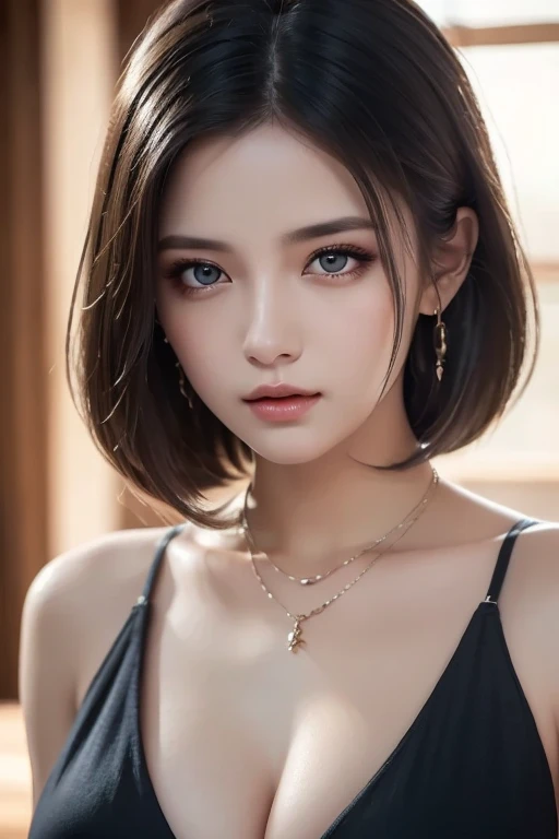(RAW photo, high resolution, best quality, masterpiece:1.3), (realistic detailed, hyperrealistic, photorealistic: 1.2), shot by Canon EOS R6, Sharp focus, f/1.8, mid shot, upper body shot, 1girl, very delicate and beautiful, beautiful detailed girl, very detailed eyes and face, triangular face, beautiful detailed eyes, (slender figure, thin waist), cleavage, ((casual outfit)), stylish pendant, black earrings, natural makeup, pink shiny lips, swept side stylish short hair, perfect style, (morning outdoor with low light background), ultra-realistic, highest quality, super detailed