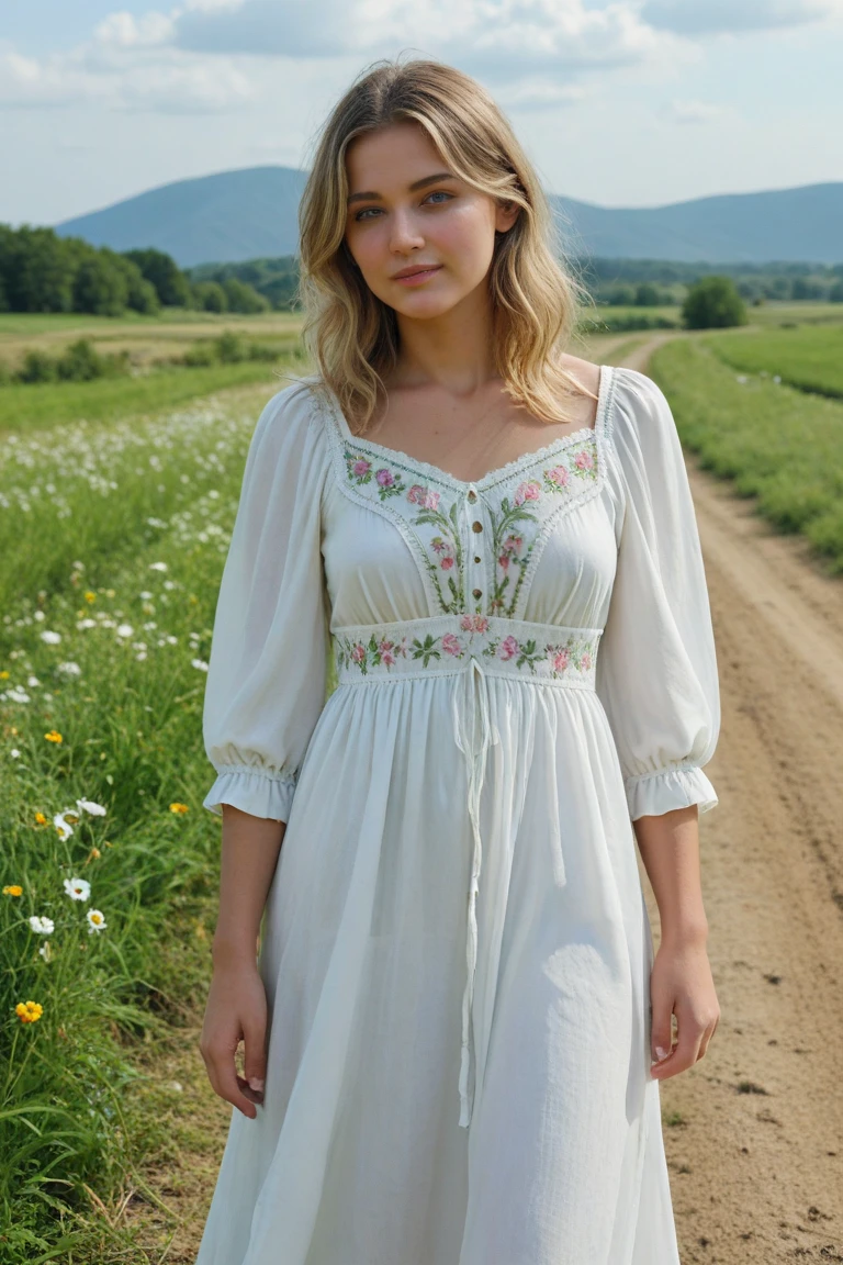 Blonde Swedish woman wearing a spring dress in a spring environment right before sunset