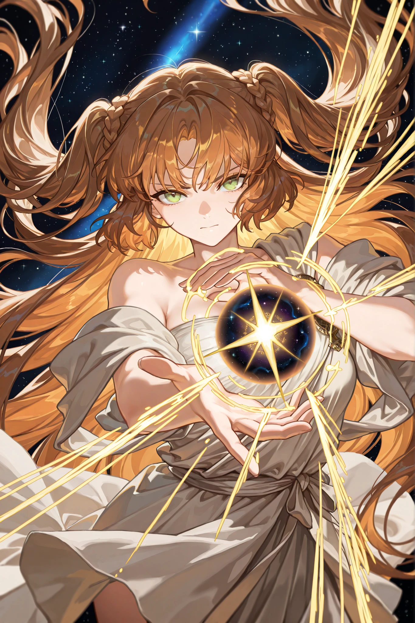 style of [arknights|(748cmstyle:0.88)], god rays, vivid colours, light stream, colour splotches, cinematic shot, mature, young adult, masterpiece, best quality, amazing quality, very aesthetic, high resolution, ultra-detailed, absurdres, (hands:-0.15),
(1girl, young adult, female:0.95), solo, alone,(dynamic pose, upper body focus, looking at viewer, dutch angle, three quarter view, close up, cowboy shot:1.2), (sonetto, defKat:0.23), green eyes, long hair, orange hair, holding long knives, shortswords, gladiatrix, two side up, very long hair, braid, royal uniform, officer, (toga:1.5) brown hair, long hair, ishmael_(project_moon), dark sun, standing on a dark golden pillar, landing, wrapped, (cosmic, space, stars, astral, interdimensional magic, cthulu magic, eldritch magic:1.44), novuschroma79 style, glitch art photo
BREAK, depth of field, volumetric lighting
 