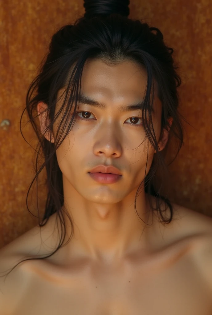 slim asian wearing male with long , ponytail on top of head, on the beach