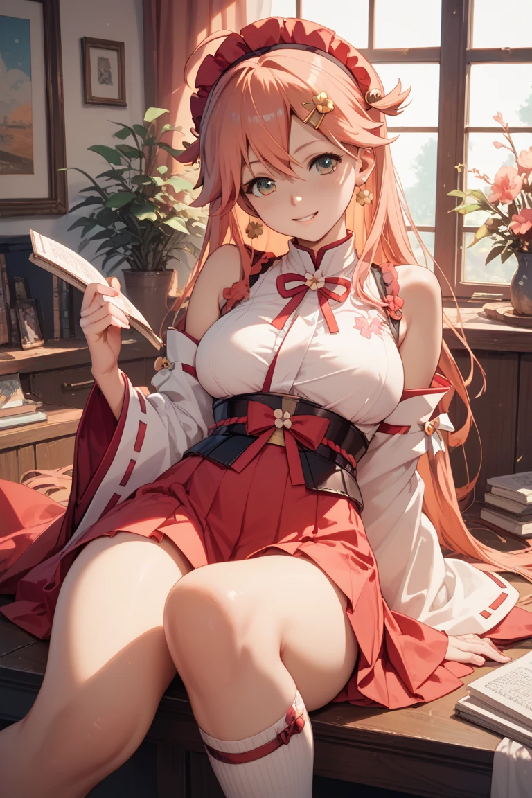 1 girl in、(Erika)Pose in front of the camera、(looking at viewert:1.2)、A smile、length hair、((shrine maiden clothe))、Bedroom、((pantyhose))、((a miniskirt))