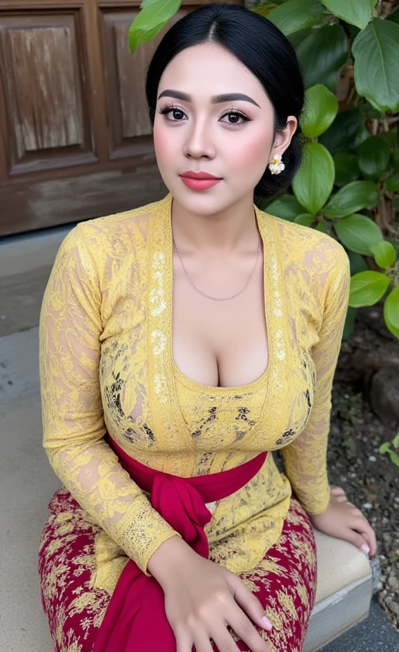 8k portrait of beautiful girl with brown hair, ((Borobudur temple background)), photography, portrait of gadis_jelita wearing kebaya_bali, red lipstick, detail, flowers, blurry background, soft focuasterpiece, sidelighting, finely detailed beautiful eyes: 1.2), hdr, (hug tits:1.2)