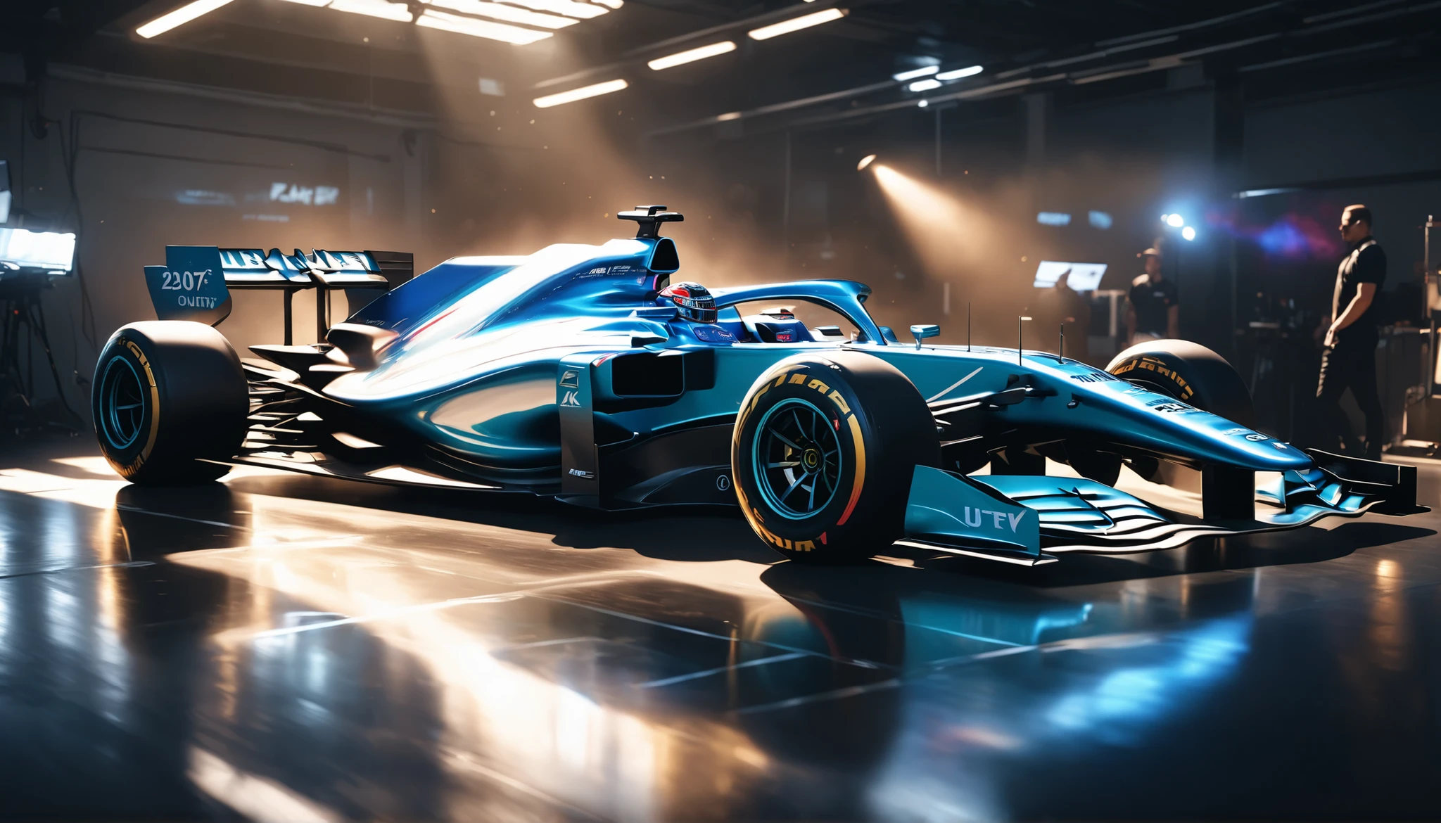 Fastest F1 Car,Metallic Body,blue flare,full body composition, smooth texture,Metallic,Gloss,reflection,gloss,blue flareによるスピード感の強調,high quality,4K,8K,Ultra High Definition,Masterpiece,Extremely tight,realistic,HDR,UHD,studio lighting,Transcendental Details,professional body with clothes,vibrant colors,Bokeh