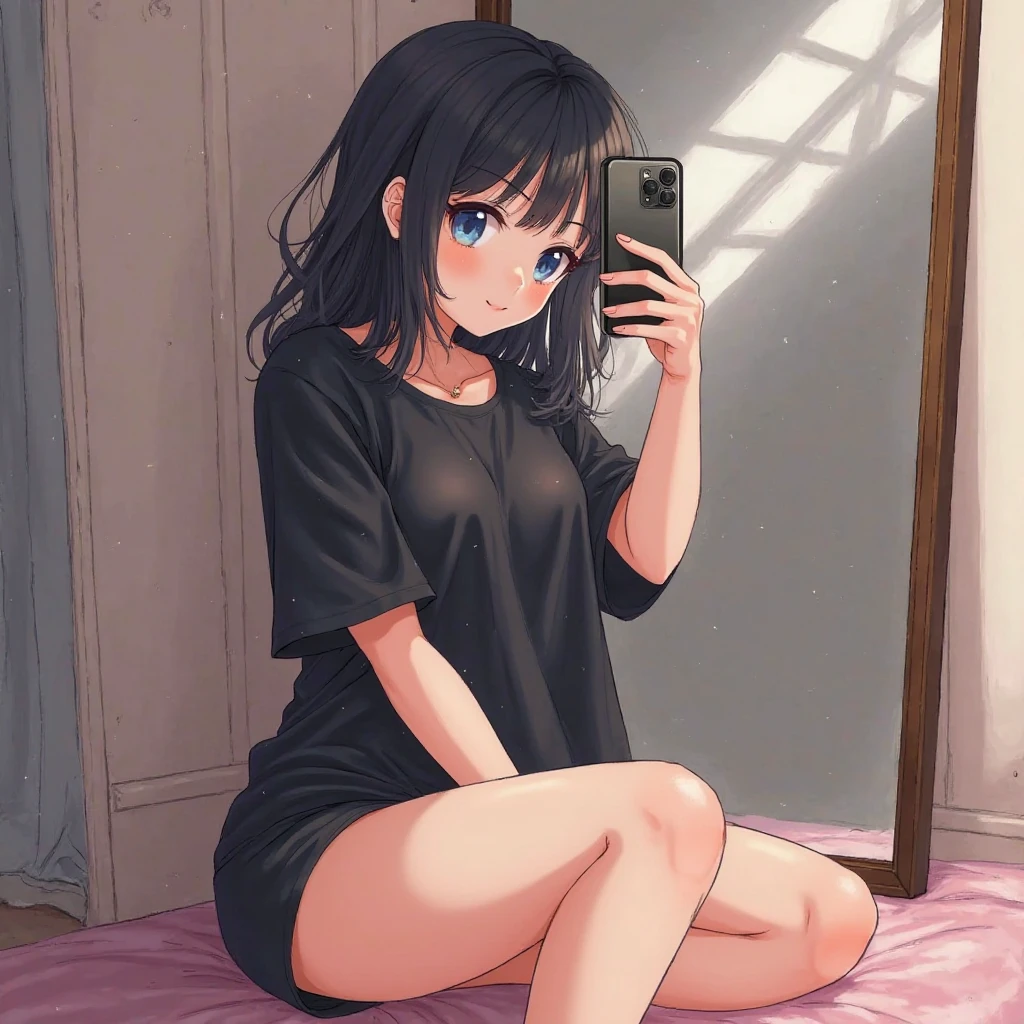 Show entire body, feet in view, high resolution, Robin thede, tight t-shirt dress, pantyhose, no shoes, sitting on floor, fitting room, taking selfie, sitting on floor,