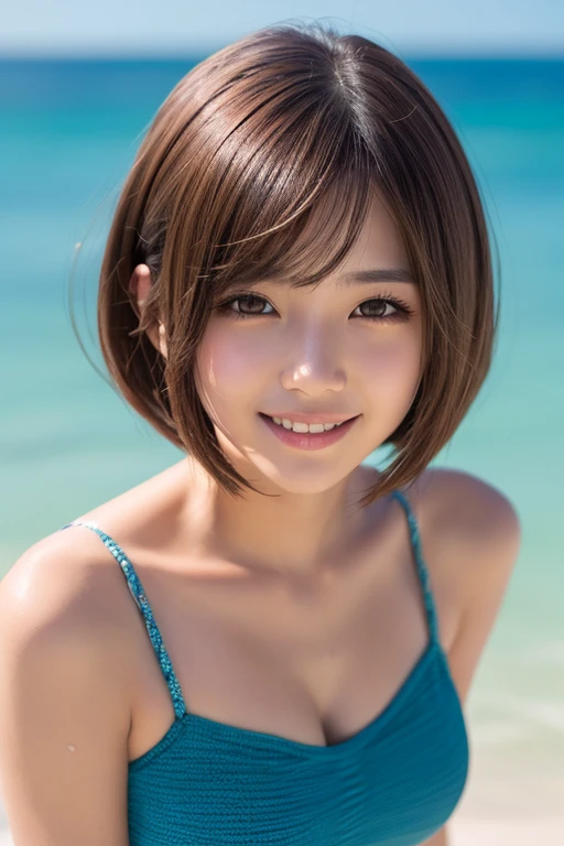 highest quality、Realistic、zoom、Chestnut Hair、Gray Eyes、short hair、One piece swimsuit、Sunburned、Tan、Brown Skin、Sweat、smile、、Ocean、Chubby