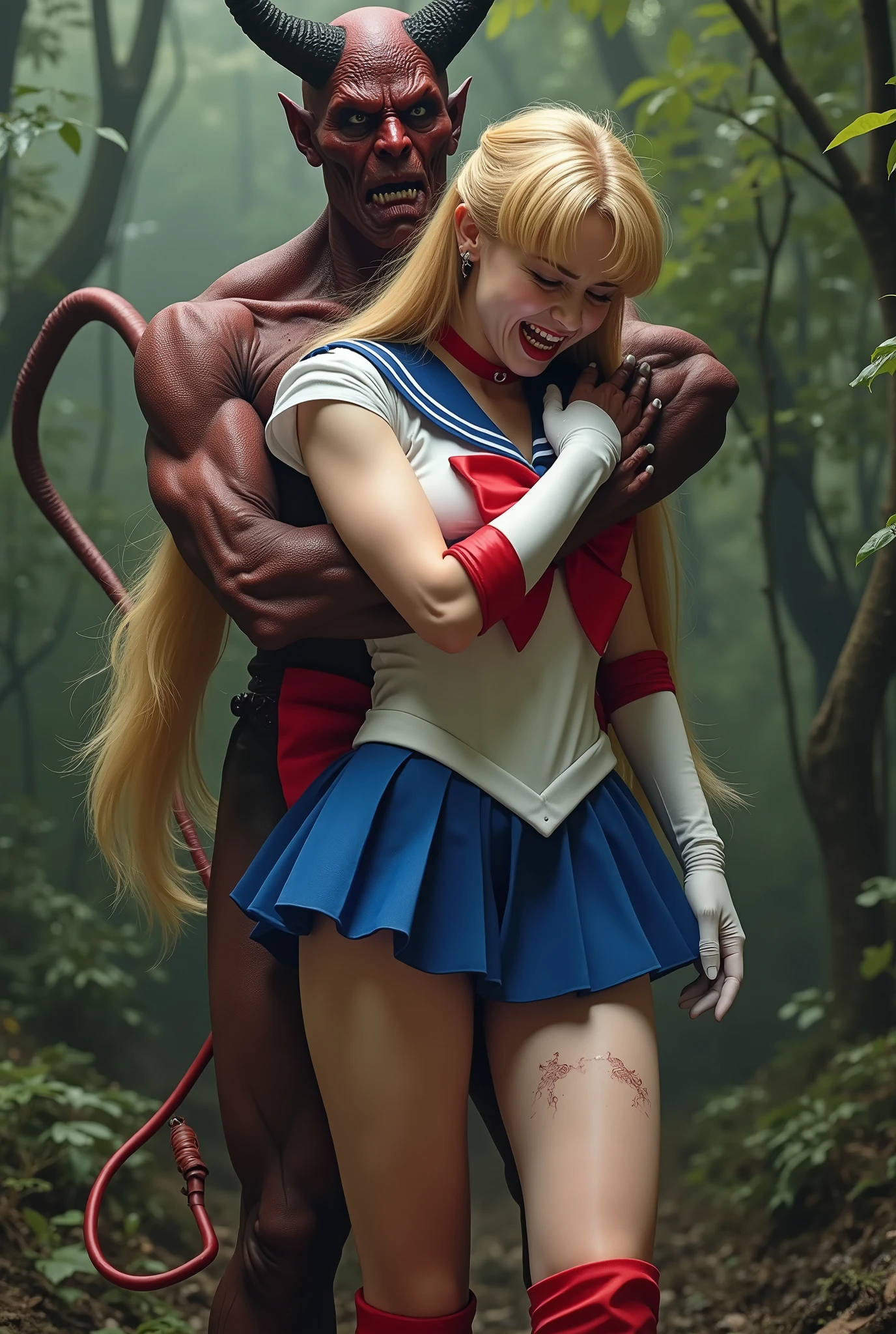 Hyperrealism, masterpiece, highest quality, A young Japanese woman is bending down and hugging from behind by a devil, ((she is crying and screaming in pain)), a bit of blood on her inner thighs, tears from her eyes, painful face, she is wearing a Sailor Moon costume, Blue sailor collar, Blue short mini pleated skirt, she is wearing a very short blue mini pleated skirt, (upskirt:1.8), Long white gloves, shiny beige color pantyhose, Exposed thighs, red long boots, big choker, long blonde Hair, a devil is standing sexual assault her from behind, the devil is hugging her tightly and push his erected penis into her skirt, her clothes are torn off, in the jungle,