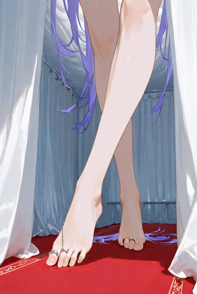 ((8k, beautiful eyes)), beautiful body, Good anatomy, (( young girl)), pink hair with lilac strands, blue eyes, small ponytail, full body, Highly detailed, bangs, short hair, big breasts, barefoot, bare legs, sexy pose, sexually suggestive, sexy, nude, beautiful body, pretty toes and feet ((sitting on bed)), shy smile, ((from below:1.3)), very sexy, luscious toes, showing soles of the feet, armpits. luscious sexy body, ((hands on breasts)), ((luscious breasts)), sweating.