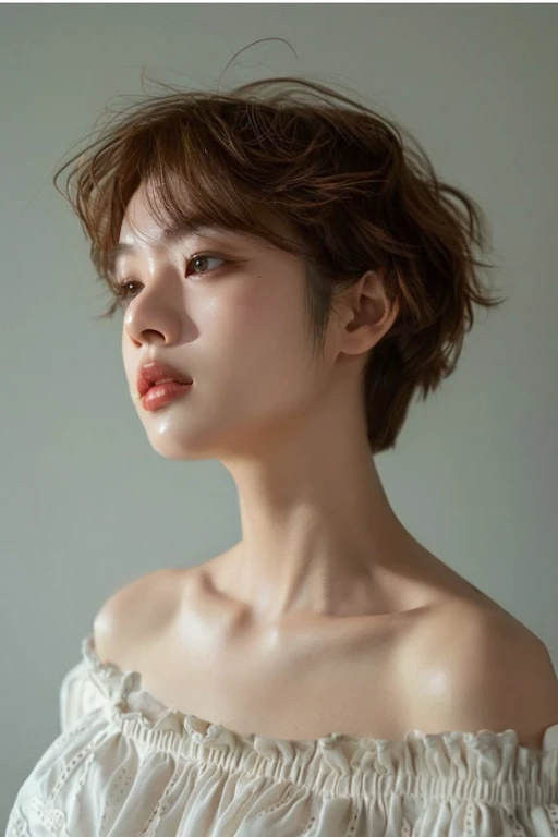 highest quality, Realistic, 8K, High resolution, 1 Girl, woman, (Skin dents), (Portraiture:0.6), nice, ((White Background, naked, Small breasts:1.65)), (Short brown hair, Parted bangs:1.4), Watching the audience, (1 Girl eyes Watching the audience:1.6), Realistic, (Bokeh), (Closed Mouth, smile:1.3), nice, Purelos Face_V1:1,Upper body close-up、