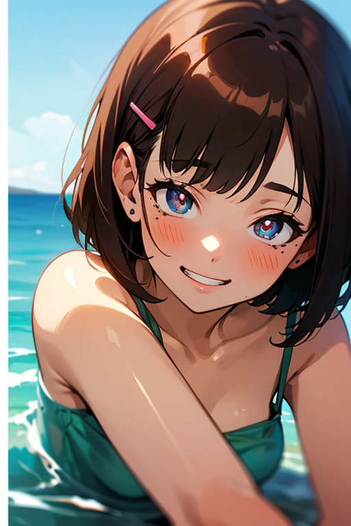 (masterpiece:1.5),(Beat quality),(high res),1girl solo,beautiful face,smile,upper body,Woman in swimsuit with hibiscus on her head,Tropical Sea