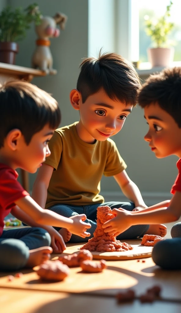 There are three children sitting on the floor playing ball, playing, Children playing with toys, commercial photo of toys, taken with a Sony A7R camera, Children, captured with sony a3 camera, advertising photograph, live-action movie scenes, Photo taken with Sony A7R, still from live action movie, Playing games, promo image, serene emotion