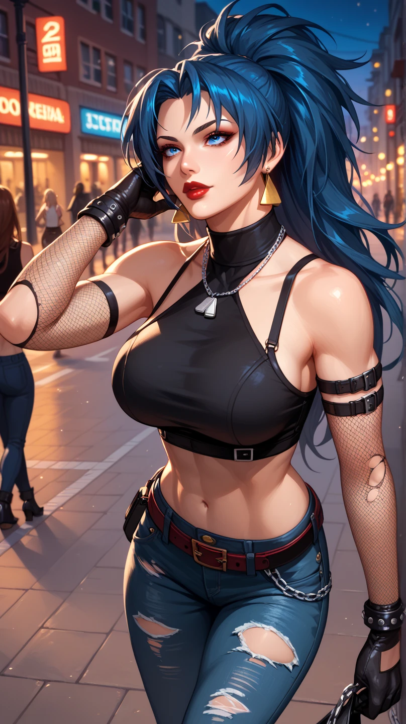 Goddess ((goddess-like woman)), slim elegant silhouette, masterpiece, (close angle), best quality, pale skin, fair skin, sweet face, (masterpiece:1,2, best quality), (real picture, intricate details), (1 lady , solo, medium tits, slim waistline, ), ((Jinx/LOL)),beautiful face, kissable lips, long dark blue hair with a lighter blue streak, (long dark blue hair with a lighter blue streak), dark blue hair, hair with a lighter blue streak, right eye covered by hair, LONG HAIR, (Long dark blue hair that reaches down to her hips), perfect makeup, realistic face, detailed purple eyes, (purple eyes) bright purple eyes, long hair, eyelashes, mouth slightly open, she has an impressive presence., bracelet, hoop earrings, jewelry, beautiful face, beautiful eyes, Side Pose, Side View, She is wearing a Plunge Overalls and Crop Top, plung30v3r4ll, Crop Tank Top Denim, Deep V Neck, Jumpsuit, Baggy Jumpsuit, Background: Large hall, dance studio, withe walls, wooden floor