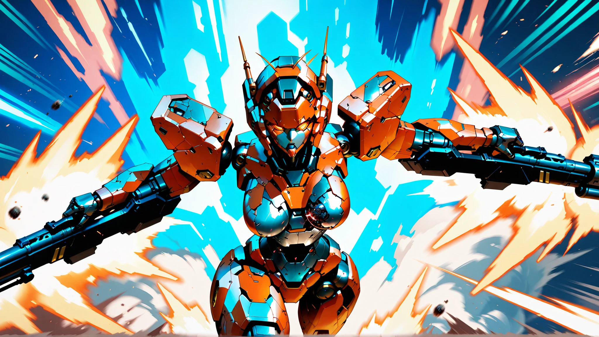 Female Robot, Fulmecha Body, Metallic orange mecha eye, rod antenna, Exquisite mechanical parts, Clear parts, Energy running through the body, heavy sci-fi long rifle, dynamic action, dynamic pose, blast,