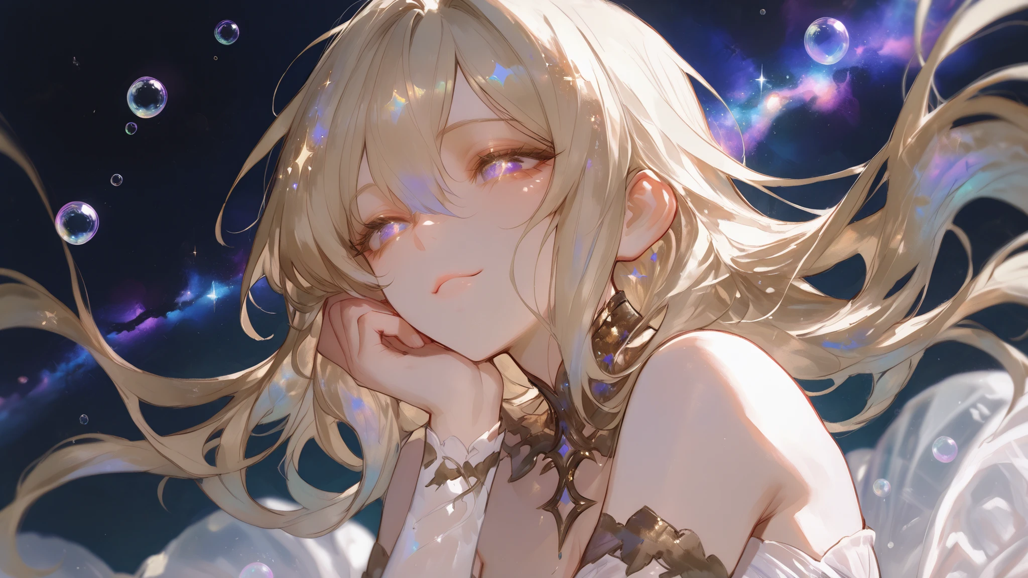 ((best quality)), (( masterpiece)), ((super detailed)), (illustration), (Detailed light ), (extremely fine and beautiful), a girl,  cute face, upper body,  two legs , See-through strapless long dress, (beautiful detailed eyes), I have stars in my eyes, messy floating hair, light translucent ingrown hairs, light gold nebula adorn the hair, (many large light-colored bubbles), [pearl], [light blue and black galaxy], depth of field，Lashes light blue，pupils light golden