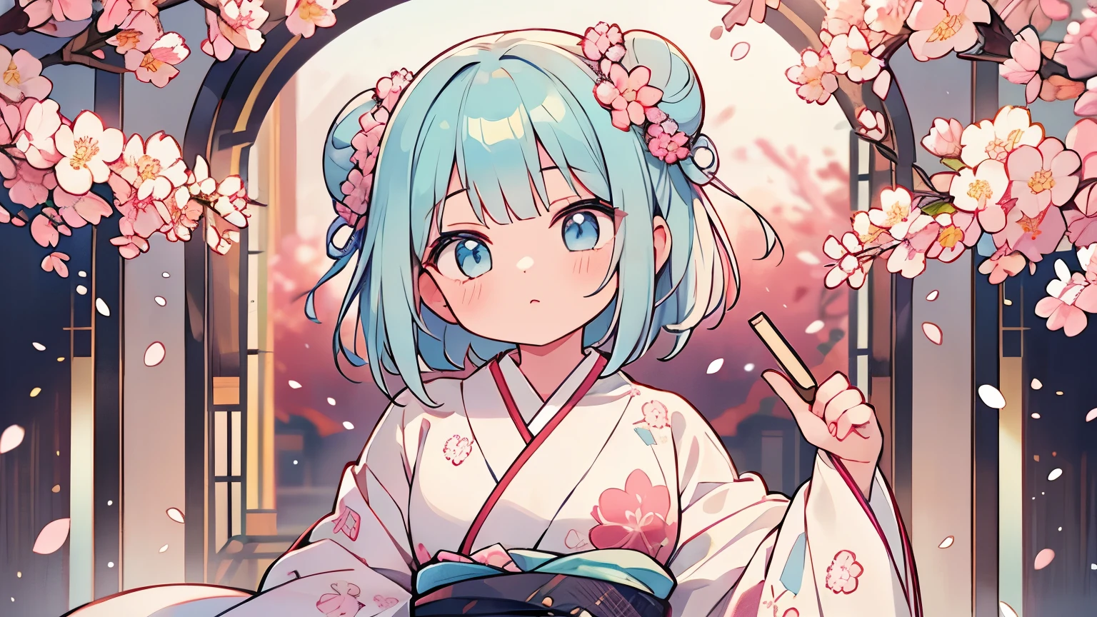 1 girl, finest, masterpiece, light blue hair, bob cut, ((2 buns on the side)), light blue eyes, delicate eyes, wearing cherry blossom pattern kimono, cute, pop