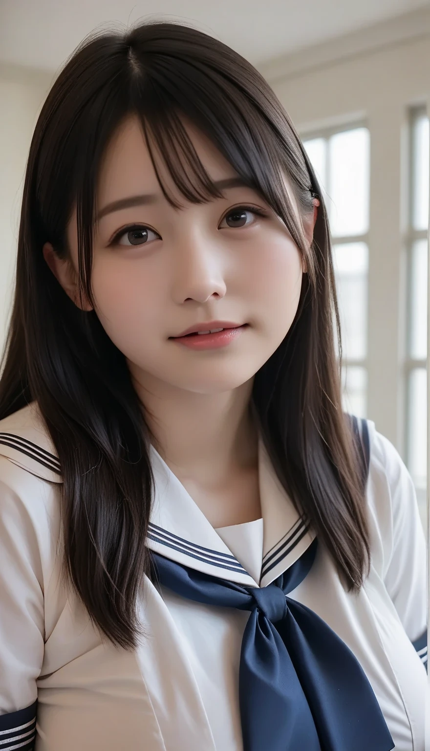 8K, realistic ,score_9, score_8_up, score_7_up, score_6_up, score_5_up, score_4_up, Masterpiece, Detail, Beautiful Cute Girl, Detailed, Best Quality, Perfect Anatomy, Super Detailed Skin, 
Eurasian girl, cosplayer, 25 years old, (huge breasts:1.3), thick legs, 
sailor school uniform, happiness, 
from front, in room, focus breasts, focus breasts, detailxl,  unaestheticXL_cbp62 , ImgFixerPre0.3, ENDXL_Neg