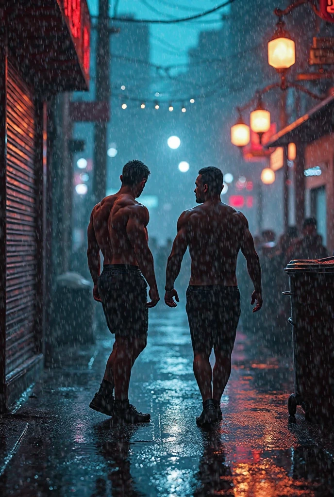 ((32K, top-quality:1.5, masterpiece, 超A high resolution, Photorealsitic)), 1man,(big bulge):1.3, in, 46 year old, street corner, Summer evening, (((Typhoon torrential rain))), Highly detailed facial and skin texture:1.2, ((look up sky, medium build man getting wet in the rain:1.4)), (Rain drips all over the body:1.2, wetting hair, Wet clothes:1.1, water drop on the skin), ((Light pink wet office uniform:1.4, , Button on shirt is not closed)), (troubled look:1.2), Wet pants, , blurry background, ((beautifull detailed face)), facial hair, brunette, blonde, full body only,((2heads))