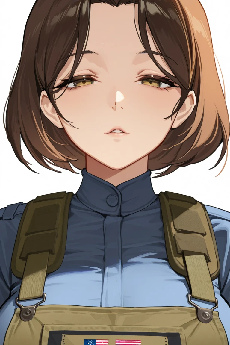 Cute girl, short brown hair, red headband covering the forehead, blue eyes, tight dark blue long-sleeved T-shirt, brown shoulder belt, big breasts, metal hand, brown belt, tight green pants