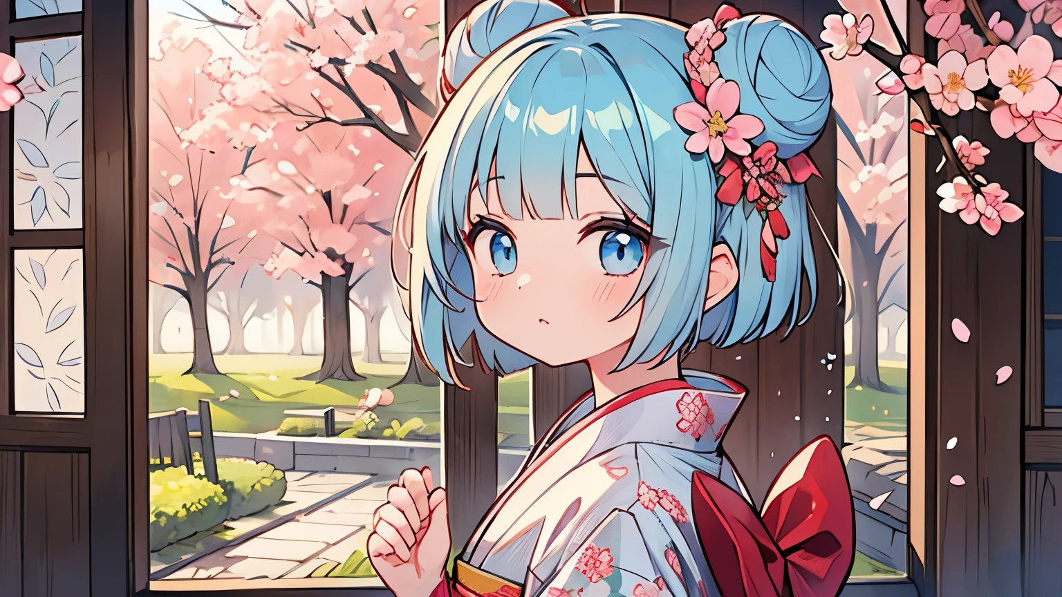 1 girl, finest, masterpiece, light blue hair, bob cut, ((2 buns on the side)), light blue eyes, delicate eyes, wearing cherry blossom pattern kimono, cute, pop