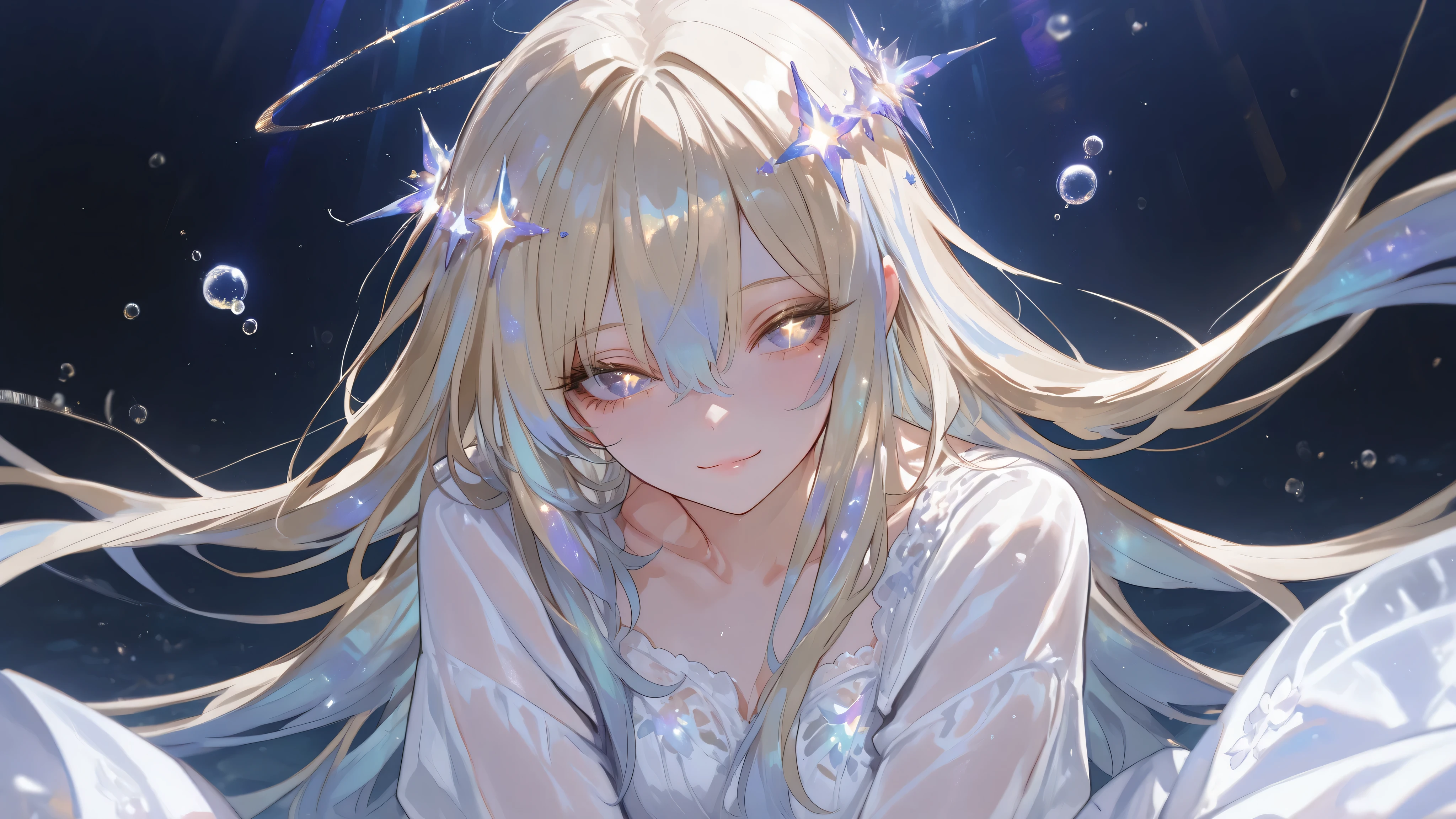 ((best quality)), (( masterpiece)), ((super detailed)), (illustration), (Detailed light ), (extremely delicate and beautiful), a girl,  cute face, upper body,  two legs , Long skirt, (beautiful detailed eyes), I have stars in my eyes, messy floating hair, light translucent ingrown hairs, Nebulas decorate hair, (many large light bubbles), [pearl], [light blue and black galaxy], depth of field，Lashes light blue，pupils light golden