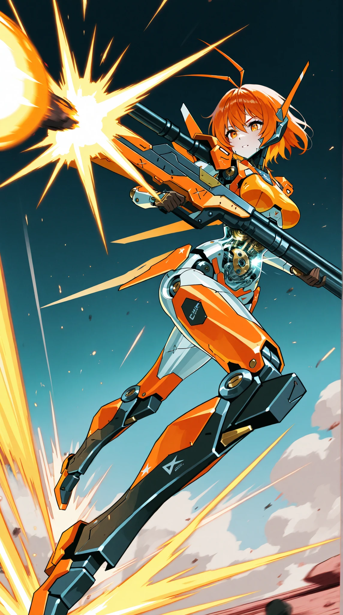 Female Robot, Fulmecha Body, Metallic orange mecha eye, rod antenna, Exquisite mechanical parts, Clear parts, Energy running through the body, heavy sci-fi long rifle, dynamic action, dynamic pose, blast,