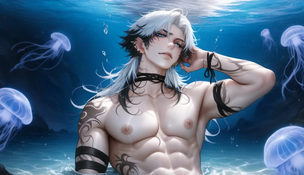 1 male, high resolution 8k, adult, handsome, perfect face detail, detailed eyes and face, clean shaved, sixpack realistic, white eyebrow hair, white eyelashes, dynamic lighting, unreal engine, hd picture, satoru gojo, Jujutsu kaisen, white hair, short hair ,hair between eyes ,blue eyes, white skin, round buoy, water details, chain necklace