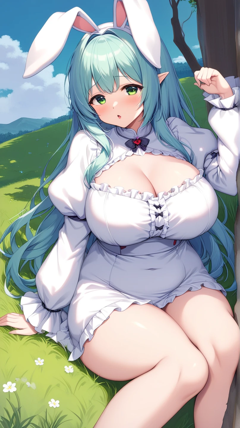 Best quality, masterpiece, very detailed, 8k, hestia (danmachi), breasts, long hair, blue ribbon, twintails, gloves, ribbon, dress, rei no himo, large breasts, blue eyes, black hair, white gloves, cleavage, white dress, hair ribbon, bow, sleeveless, sleeveless dress, bangs, cleavage cutout, hair ornament, bowtie, clothing cutout, very long hair, covered navel, arm ribbon, smile, grass, full body , thighs,