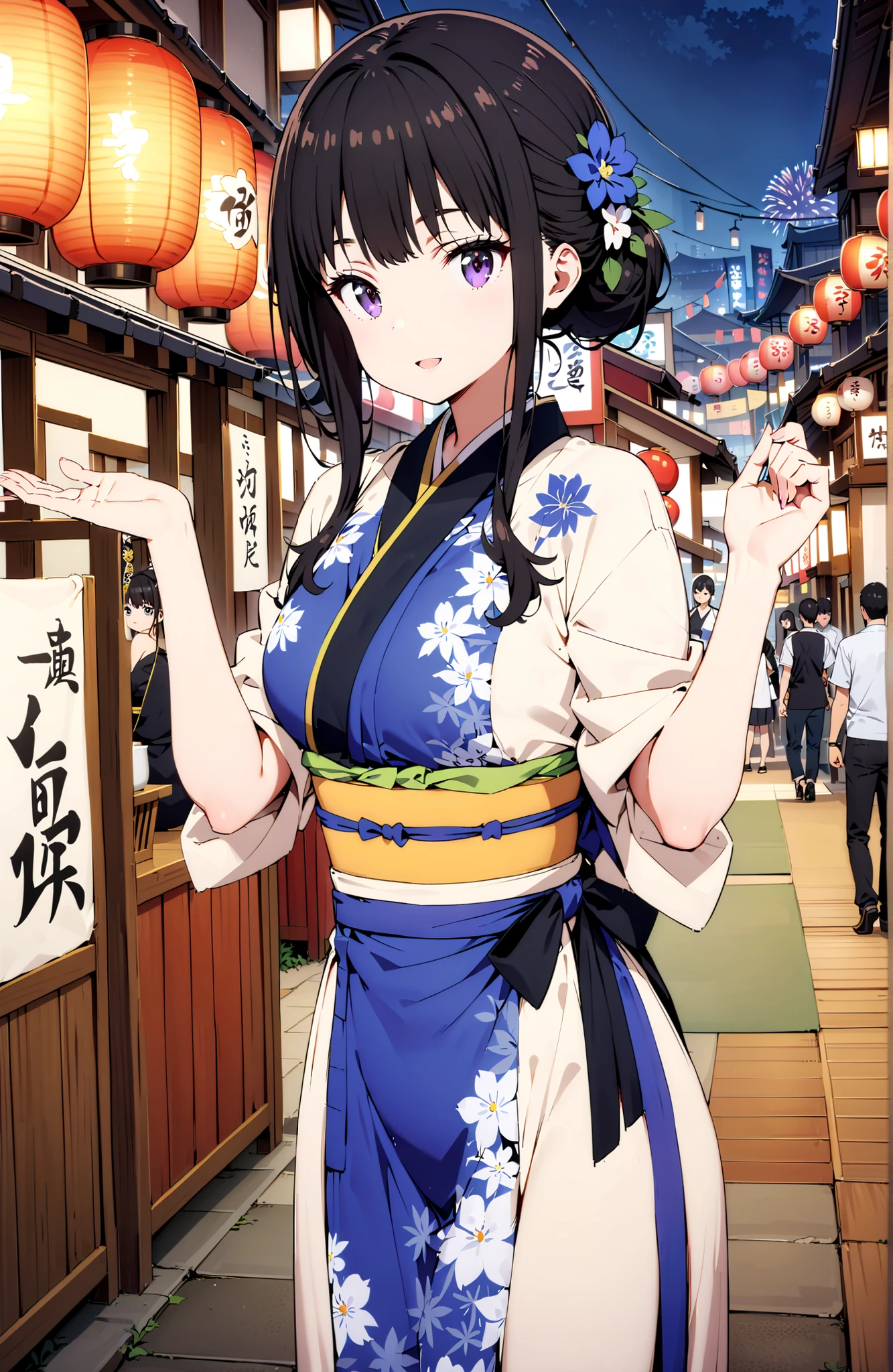 Takiuchikami, check it out, bungs, black hair with a young pattern, purple eyes,smile,cover,open your mouth,narrows her eyes,side lock,single bun hair,Medium breast,flower hair ornament,Blue flower pattern kimono,standing,Light up fireworks,Japanese stalls ,Red Lantern,night,full bodyがイラストに入るように,break outdoors, Japanese Festival,
break looking at viewer,full body,
break (masterpiece:1.2),Best Quality ,Kampala,unity 8k 壁紙,(shape:0.8),( fine and beautiful eyes :1.6),It's a person ,full body写真,CG Details , (perfect hand,complete anatomy),