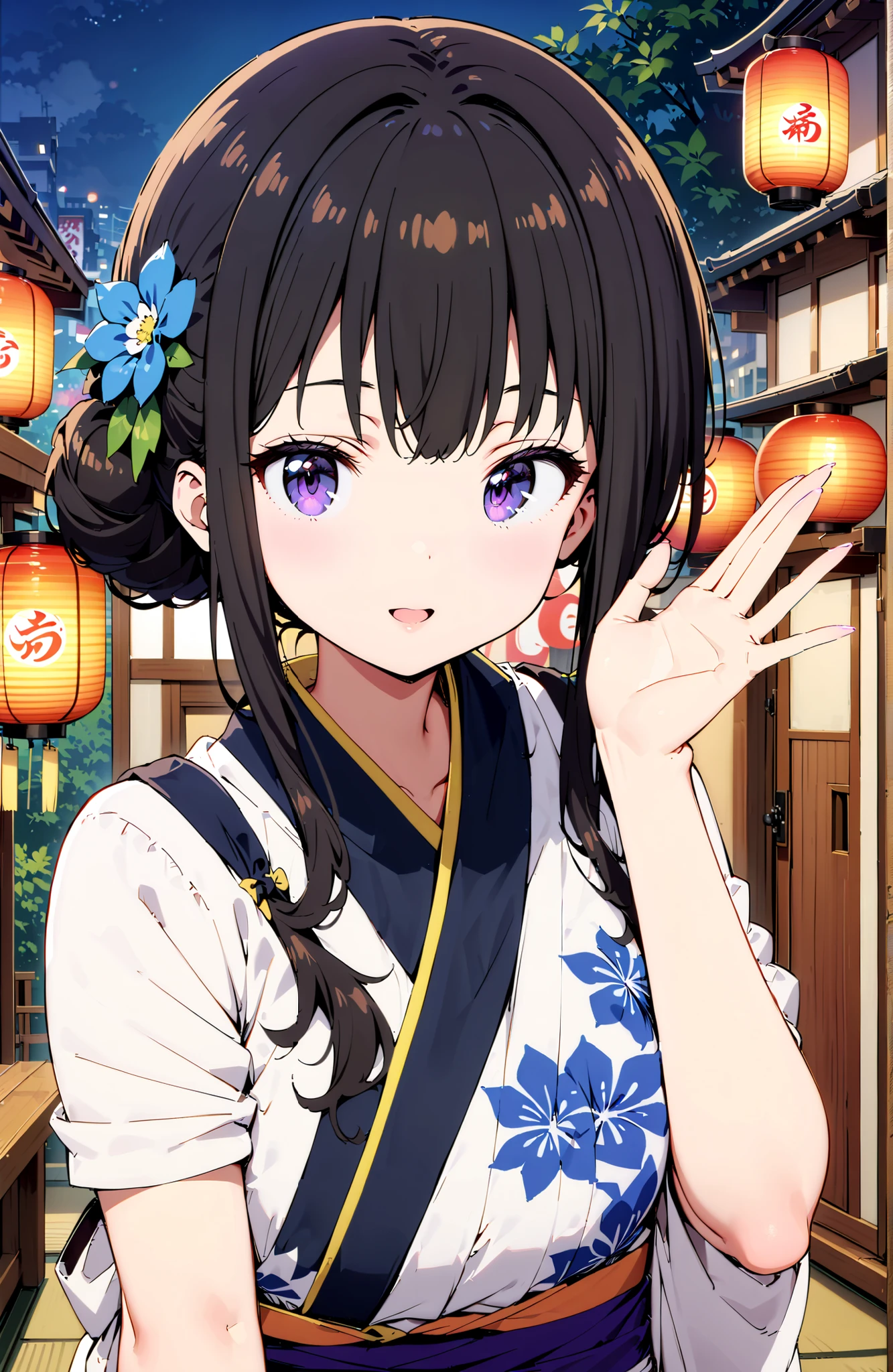Takiuchikami, check it out, bungs, black hair with a young pattern, purple eyes,smile,cover,open your mouth,narrows her eyes,side lock,single bun hair,Medium breast,flower hair ornament,Blue flower pattern kimono,standing,Light up fireworks,Japanese stalls ,Red Lantern,night,full bodyがイラストに入るように,break outdoors, Japanese Festival,
break looking at viewer,full body,
break (masterpiece:1.2),Best Quality ,Kampala,unity 8k 壁紙,(shape:0.8),( fine and beautiful eyes :1.6),It's a person ,full body写真,CG Details , (perfect hand,complete anatomy),