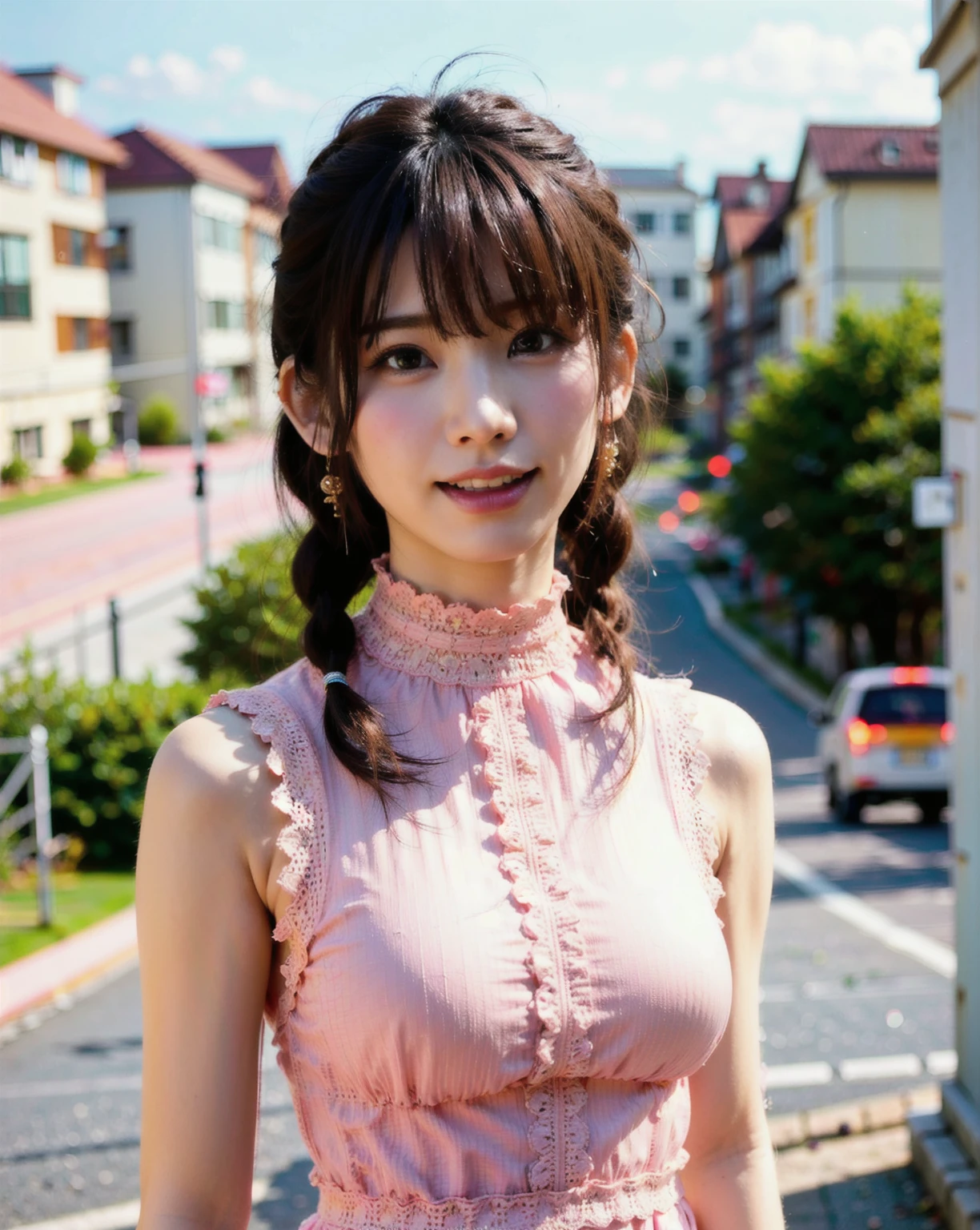 

Product quality, ((One girl per photo)), Cowboy Shot, Young and pretty girl in Japan, Long Bob Hair, Standing on a hill in the suburbs,((Henry Shirt)), ((mini skirt))、 The London skyline in the background, Super cute face, Glossy Lips, Double eyelids on both eyes, Asymmetrical bangs, Sunburned skin, Center image, 8k resolution, Attention to detail, Detailed hairstyle, Detailed face, Cinema Lighting, Octane Rendering, Ultra-realistic, Perfect limbs, Perfect Anatomy、((8K))、((Floral clothes))、((furubodｙ))、((smile))、(Large Breasts)、((one person))、((Short twin tails))、((Super short hair))、