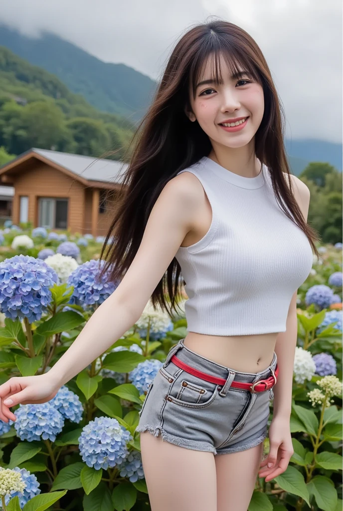 ((best qualtiy, 8K, tmasterpiece:1.3)),Focus:1.2, female high-school student,wooden cabin,(A look of determination)(adolable),delicated face,Long hair waist-length,long hair flowing,Tilt your head,ssmile,Hair details,Delicate Full Body Portrayal,Delicate depiction of the face,Best picture quality,A high resolution,细致背景,Delicate portrayal,exquisitedetails,Rich in detail,Facial strengthening,(Short crop top,short skirt),with blue sky and white clouds,Sitting Among the Flowers,wooden cabin,There are no bags under the eyes