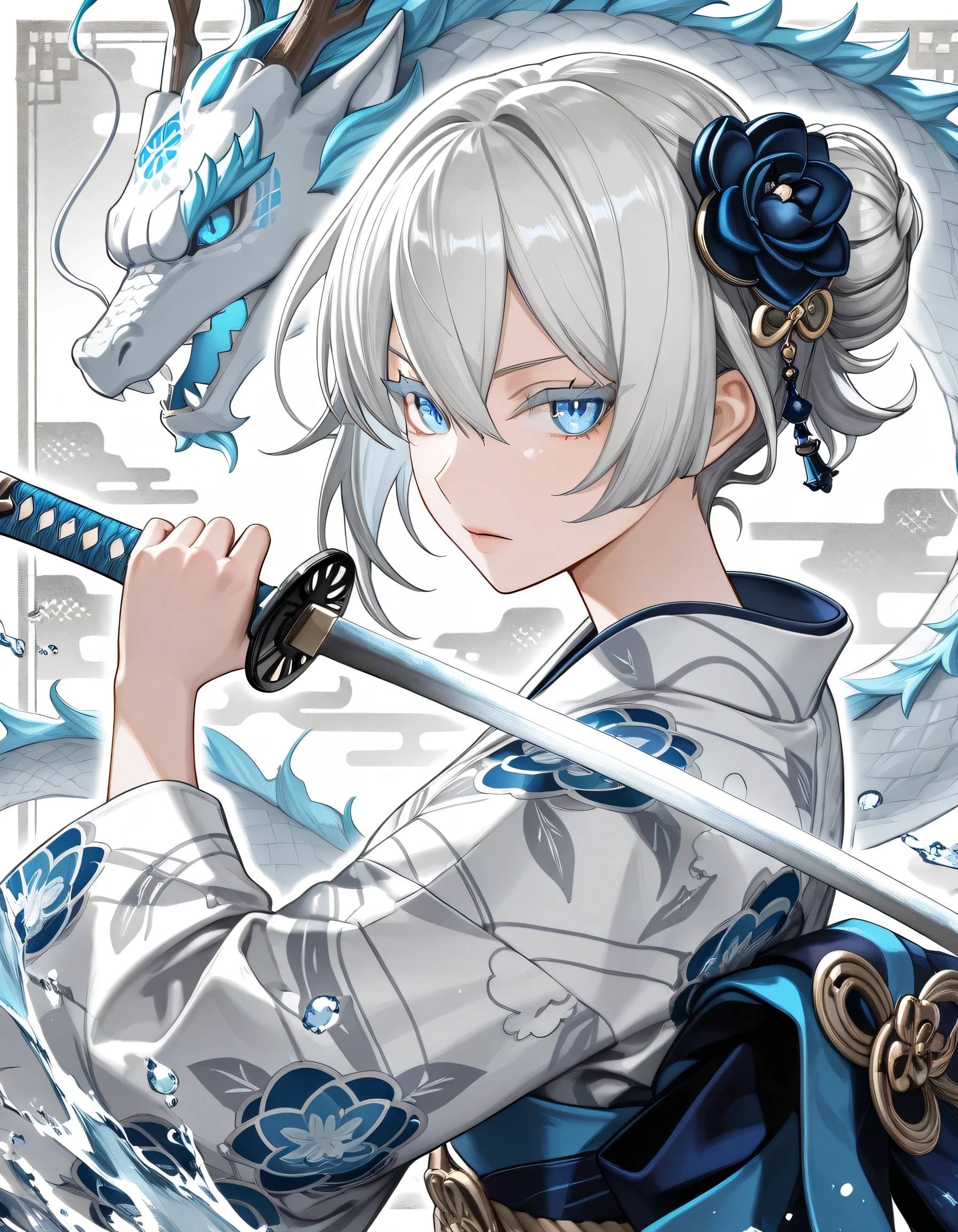 1girl, female samurai,Colored eyelashes, blue eyes, side view,Holding a katana, dynamic pose,Water dragon background,(intricate detailed background),upper body, looking at viewer, short hair,hair between eyes, tsurime,Hair in a bun , single Bun, hair fulled back,Jewellery, ornament,Hair accessories,(Yukata with dragon pattern), smooth Texture ,score_9,score_8,score_7_up, manga style art, monochrome, Grayscale,HD,8k wallpaper, Highly detailed, Sharp focus,(blue pattern),