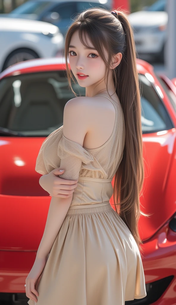 (((best quality))),(((ultra detailed))),(((masterpiece))),illustration,((1 beautiful girl,female driver,solo)),((sitting on the seat)),((in the car)),((slim,thin)),((bare back,towering hips,butt crack)),parked,roadside,vibrant,(floral sheer pajama dress:1.3),graceful,(short ponytail:1.2),delicate,features,eyes,focused,ahead,calm,concentration,classic,convertible,evening,breeze,caress,adjusted,,frame,confident,steering,wheel,delicate,hands,maneuver,control,world,setting,sun,warm,glow,illuminate,sky,canvas,match,road,stretch,explore,possibilities,background,town,life,evening,shops,opening,doors,people,strolling,cool,air,atmosphere,peaceful,serene,contrast,chaos,city,independence,societal,norms,constraints,destiny,embrace,challenges,symbol,strength,resilience,spirit,summer,((from back,upper body))