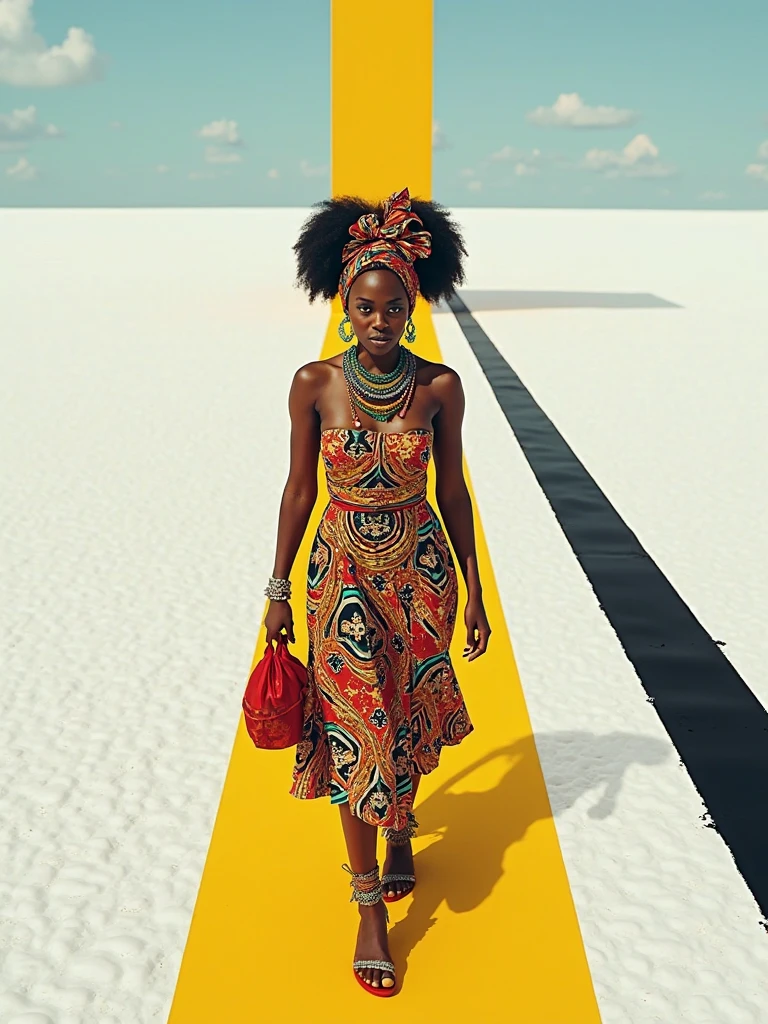 Fashion model photography, ballet dress made of big cactus leaves, big cactus leaves in various shapes and colors, strong sense of design, medium shot, african girl, short hair, hair accessories, delicate skin, smiling, wide background desert, high texture, natural light