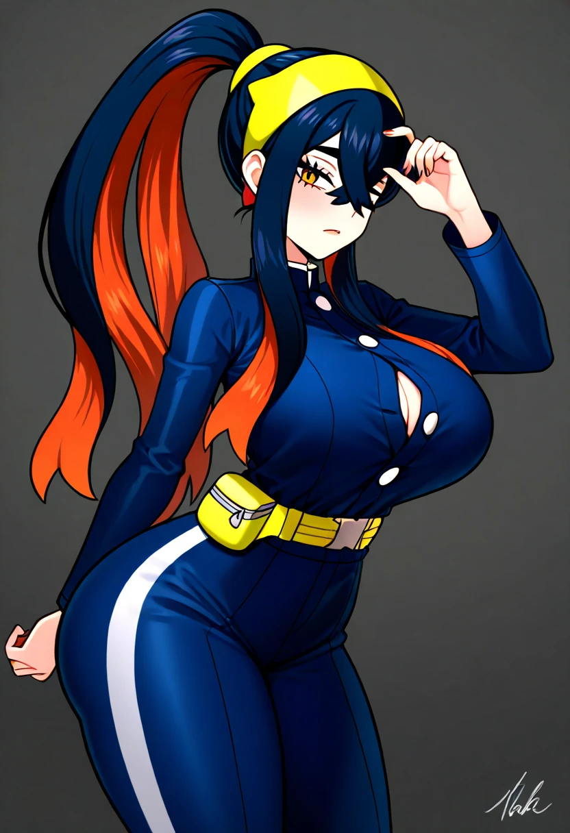 （（super high quality,Ultra-high resolution,4K,8k,super masterpiece,Ultra HD））,Sea in clear skies,Looking up from below,The blazing sun,One Girl,（（Glossy navy blue sweatsuit,Naked in a sweatsuit,（Large collar,Open collar,Tight collar）,A zipper that opens from the jawline to the chest,Fine zipper）,sexly）,Long straight black hair,Bangs cross over the forehead,Sharp Eye,Slanted eyes,soaked,Place one hand on hip,