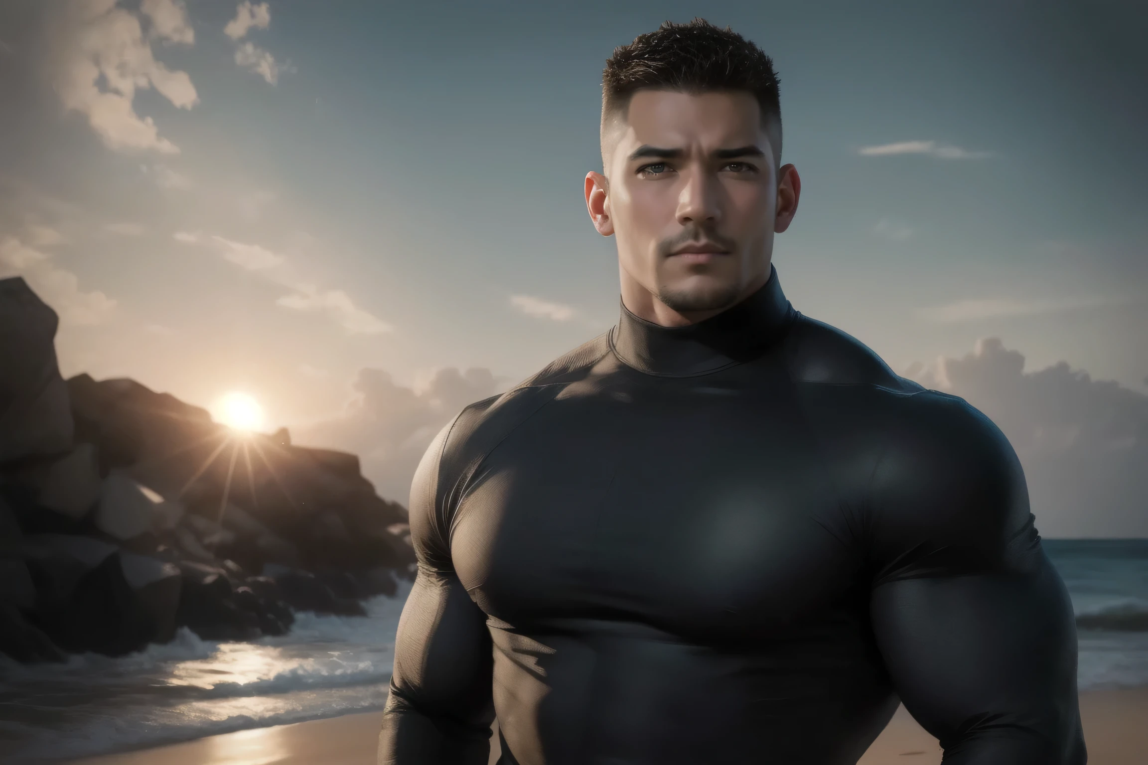 a muscular male shark, light purple skin, dark yellow eyes, walking up from the sea, black swimming trunks, bulge in crotch, shirtless, body wounds, furry, bara, (best quality,4k,8k,highres,masterpiece:1.2),ultra-detailed,(realistic,photorealistic,photo-realistic:1.37),highly detailed portrait, detailed texture, dramatic lighting, cinematic, hyper realistic