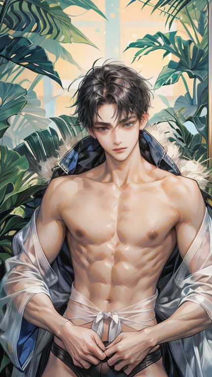 15-year-old boy, Upper body naked, White briefs ,Smooth Skin,In the mountains, Black Hair, Thin、Beautiful Boy、Japanese、Dark Eyes