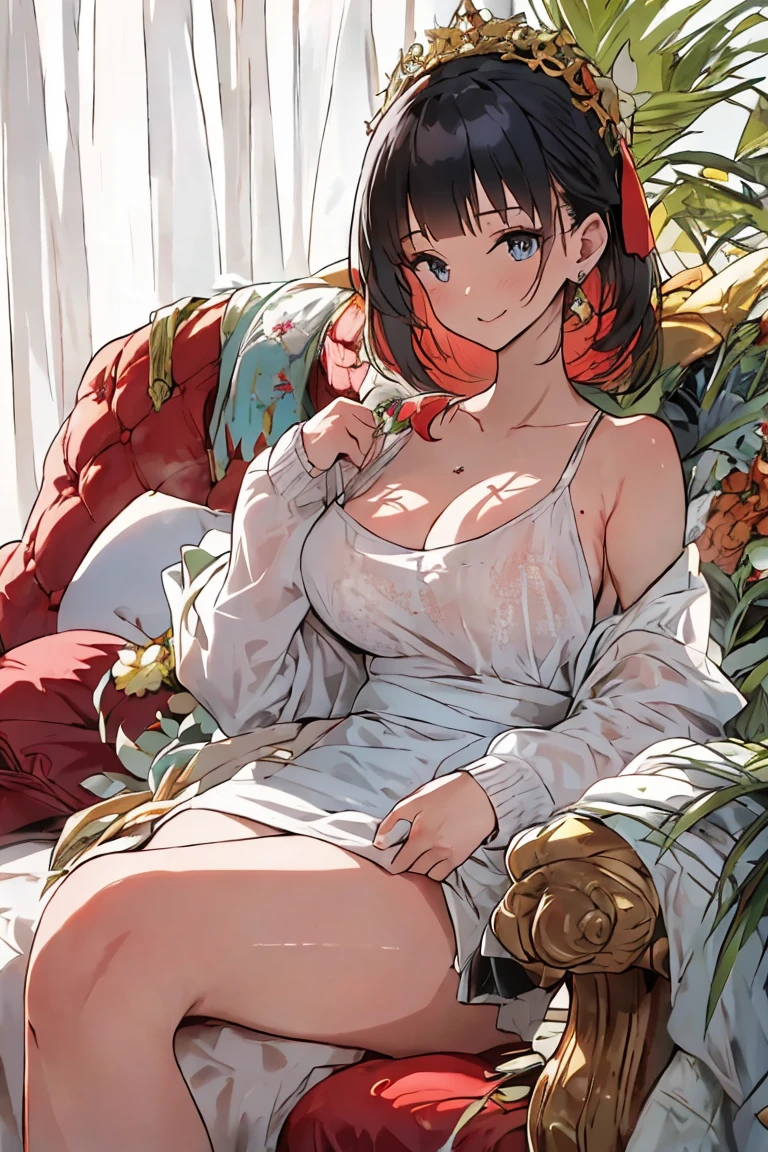 Best Quality、Night view outside the window、Light brown skin、s Pajamas、cleavage of the breast、short-hair、femele、独奏、Very cute、、Midnight、Brown hair、、I want to blush、bending forward、Bedroom、Wink、twinkling、Kamimei、Sit on the bed、Girl sitting