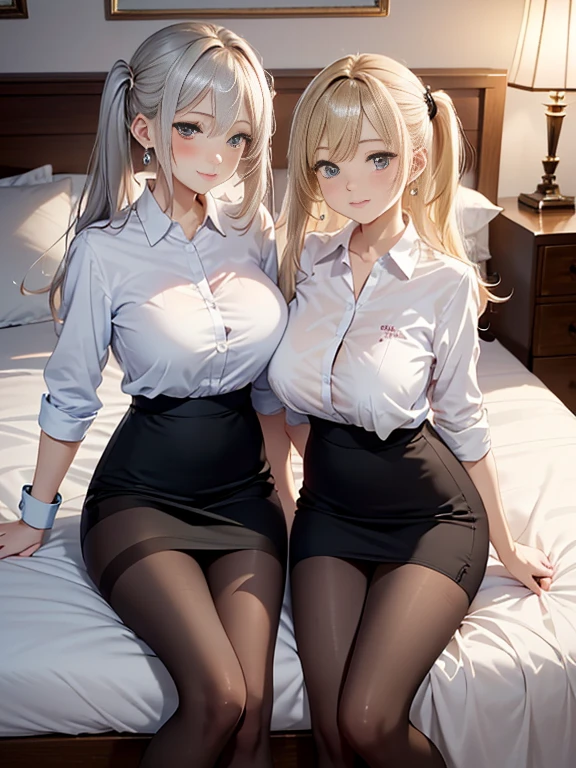 8k,Kizi，White white translucent shirt，blue underwear，Huge，White translucent panties，White legs，coiffed blonde hair，spread their legs，Blushing face clips，cross-eye，Stick out your tongue，