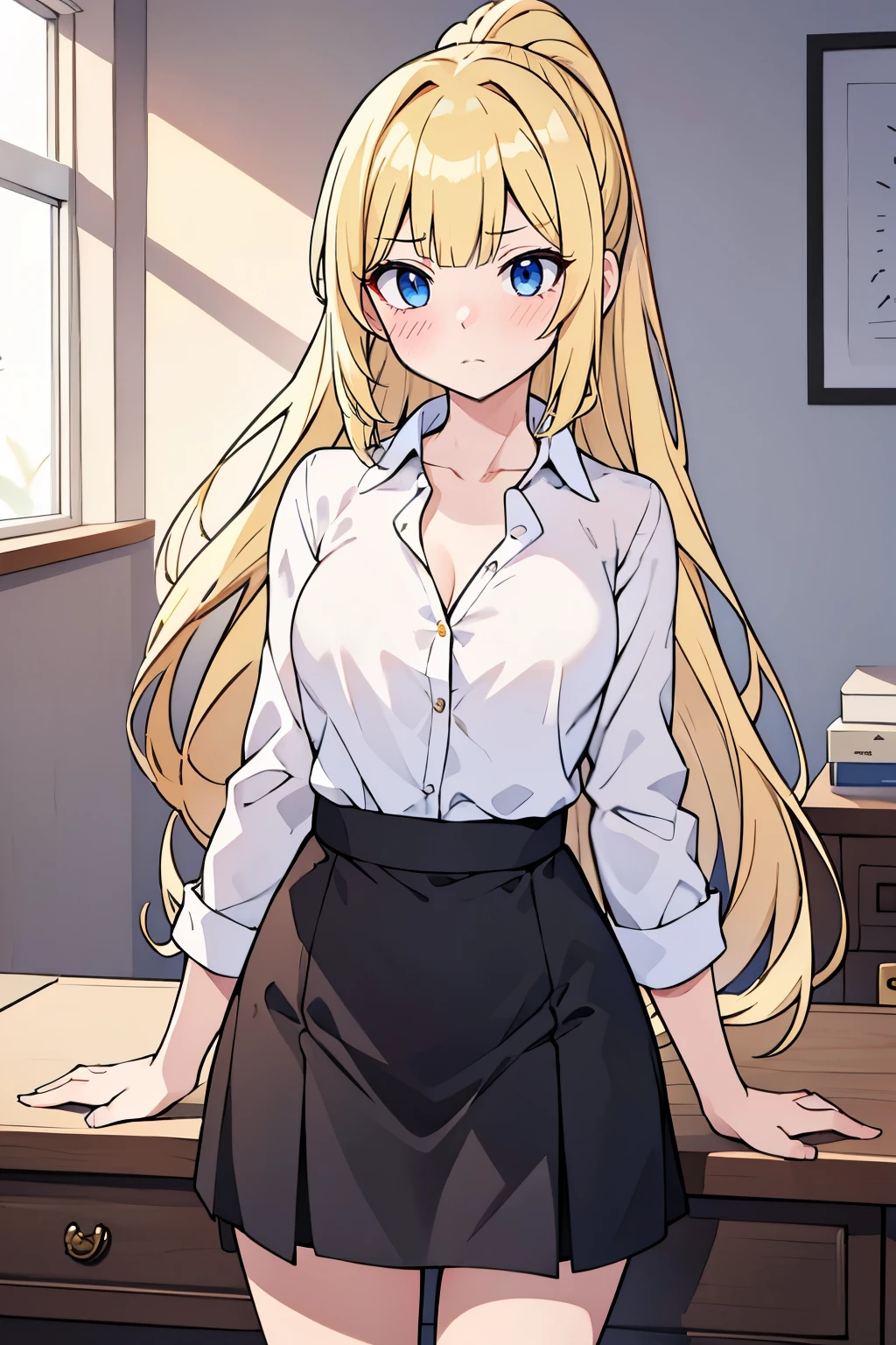 Safe for work, masterpiece, best quality, solo, 1 girl, cute girl, wholesome girl, (young female body:1.4), ( medium small breasts), cowboy shot, shy smile, flustered, yellow hair, voluminous wavy hair, extra long hair, hime cut, very blunt bangs, light blue eyes, office room, desk, sweater, purple knitted sweter, tucked in shirt, black skirt, tight black skirt, light purple sweater tucked into waistband, tights, hands in lap, sitting on desk, extra long wavy yellow hair, tucked in sweater, white pantyhose, short sleeves