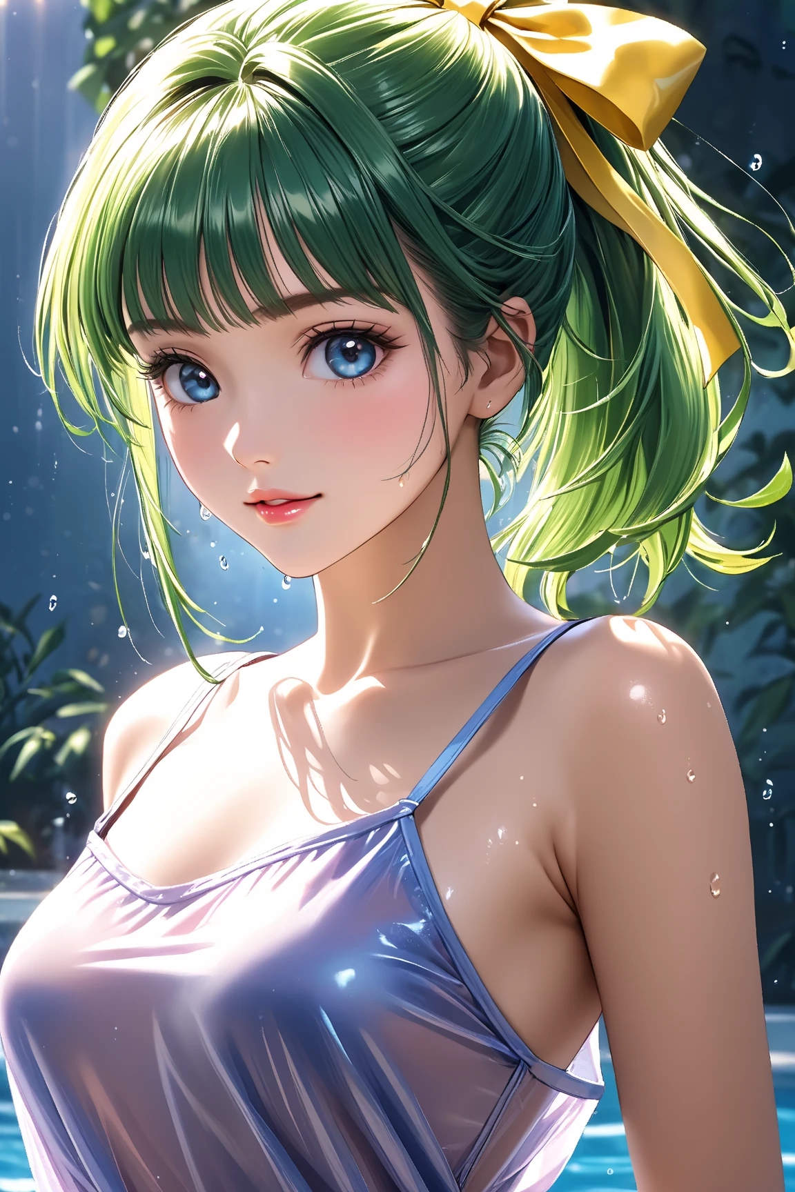 (Masterpiece, BestQuality:1.3), (ultra detailed:1.2), (hyperrealistic:1.3), (RAW photo:1.2), High detail RAW color photo, professional photograph, (Photorealistic:1.4), (realistic:1.4), professional lighting, perfect anatomy, (Big Breasts:1.2), (blush, detailed face), (cheerful Smile:1.5), (Pink Hair:1.5), Trending Hair&Trending Hairカラーをランダムに, earrings, necklace, bracelet, sexly, erotic sexly, Random sexy gravure poses, ((Beautiful woman in green bikini、tropical rain forest、Wild look、A pose with the bikini top slightly shifted。: 1.3)