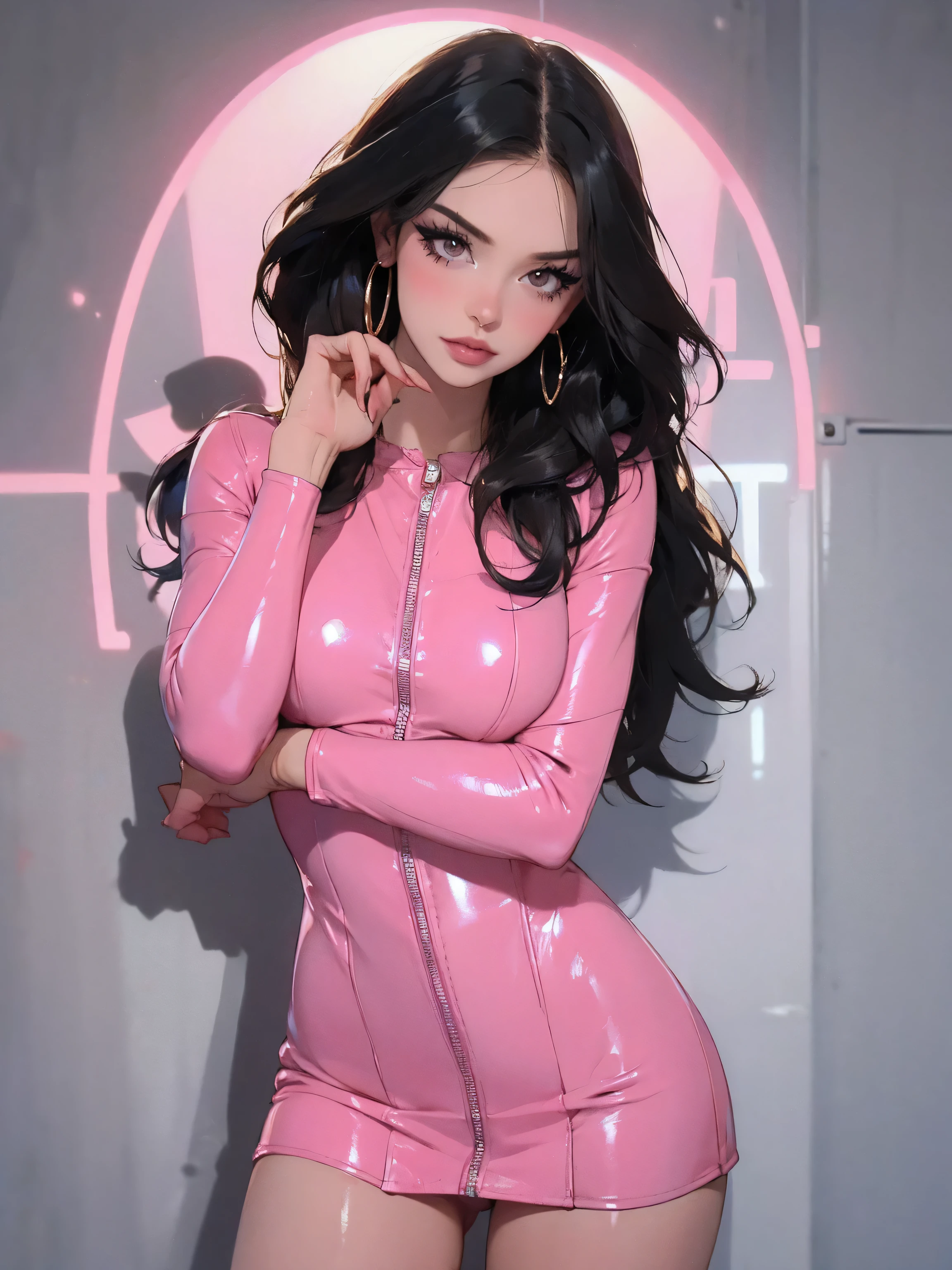 1girl,a beautiful fashion model ,(masterpiece, official art, best quality),long and shiny hair, black hair, full lips, upturned nose , medium breasts, stripping, elegant makeup, exhibitionism, naked in public, , slim thighs, toned body, shiny skin, sexy pose, tattoos, (( (slender, skinny, slim))), gold hoop earrings, pink eyeshadow, cute face, (((tight pink leather mini dress))), f1 racing flag girl